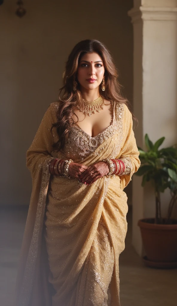 Foto RAW, photorealistic, photography, full body shot, 50 years old Woman, master shot, perfect eyes, goddess like beauty, pierced eyes, perfect thick chubby mallu Desi aunty bhabhi, Wearing a Stanapatta, a chest-band.Saree model, model Photography, Indian saree shoot, Indian traditional wear advertising photography, traditional wear brand shoot, face of Indian actress Sonakshi Sinha, masterpiece, realistic, realism, incredible details,  pleasure, photorealism, detailed skin, skin pores, high contrast, photorealistic Artstation 8k HD digital art trend of high definition and detailed realistic skin texture, ultra detail, realistic skin texture, armature, best quality, ultra high definition, (photorealistic:1.4),, high resolution, detail, raw photo, sweat, Re sharp, by Lee Jefferies Nikon D850 Film Stock Photo 4 Kodak Portra 400 Camera F1.6 Lens Rich Color Ultra Real Realistic Realistic Textures Dramatic Lighting Unreal Engine Trending at Art Station Cinestill 800,(pele altamente detalhada: 1.2), 8k UHD, DSLR, soft-lighting, alta qualidade, grain of film, Fujifilm XT3,she didn't like to wear blouse or bra, she is happy to wear only saree, she hates blouse or bra, detailed hairy armpits, hyper realistic skin, skin pores, sweat, veins, 