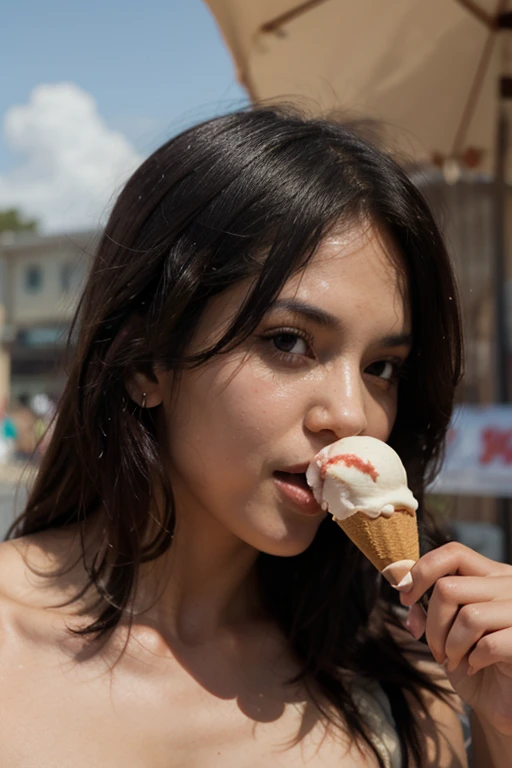 Dynamic High Angle shot, close-up shot, best quality, Super detailed, finely, High resolution, 8k wallpaper, ((( cinematic film looks))), a british girl wearing night dress, she is licking a ice cream cone, tight breasts, wet long colorful hair, (soaking wet:1.2), sparkle make-up, outdoors, confetti explossion surrounding, sunlight and shadow on the face, (facing the front), perfect face, midjourney v6 style
