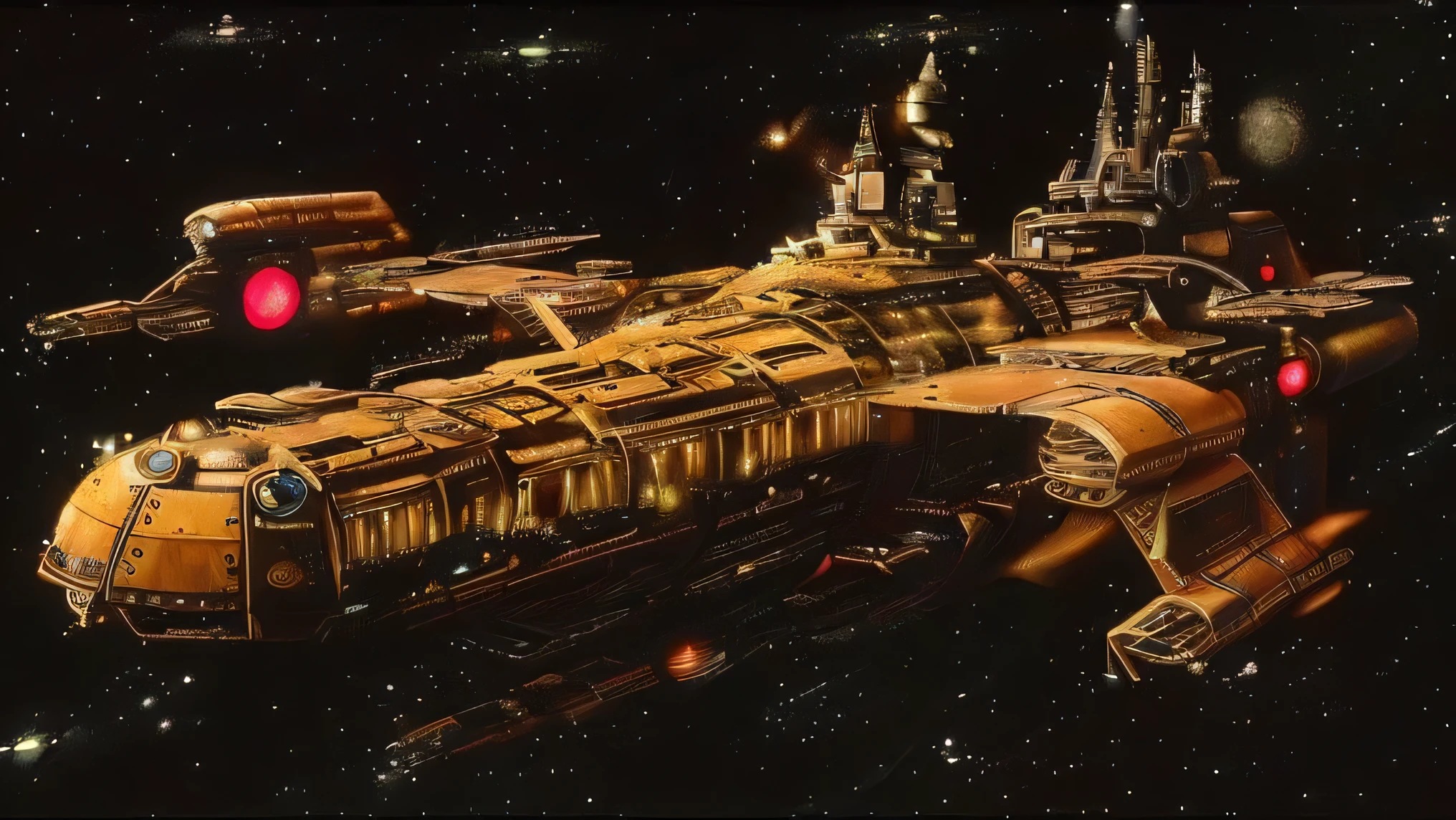 spaceship with a large engine and a massive engine in the middle of space, space opera and dystopian style, epic megastructure, an epic space ship scene, megastructure, nostromo, an epic scifi movie still, alien space ships, background megastructure, deep space super structure, epic scifi movie still, epic beautiful space scifi, big and structured valhalla city