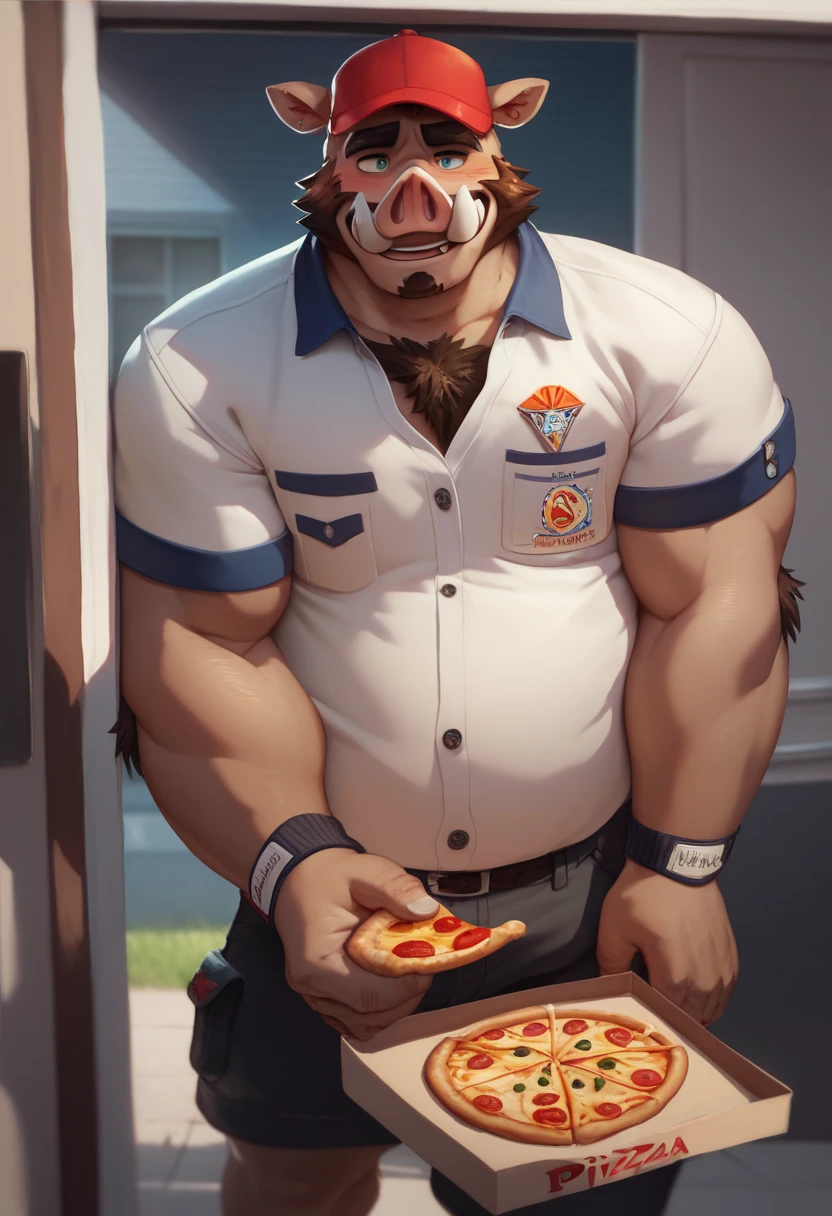 Close up, there's a Pizza delivery man standing, bare chest, mature, Sexybody, Muscular, veins, anthropomorphic, extra detailed body, detailed body, Best quality, masterpiece, ultra high res,detailed background,realistic, nature light, depth of field, (looking at viewer), (nsfw:1.5), pizza box, huge penis, pizza outfit, delivery man, front door, pizza in the box, pants down.