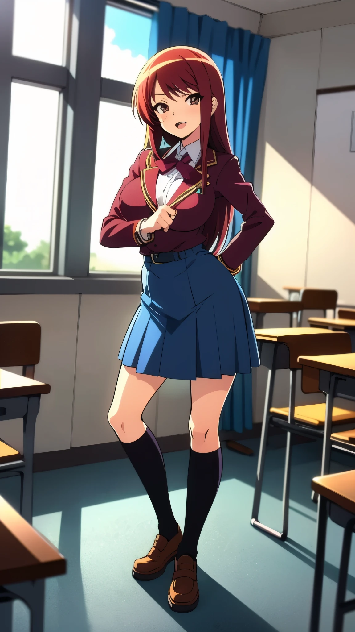 inside classroom, anime style, 8k, masterpiece, ultra high res, break wearing school uniform, red hair, long hair, sensual face, tall, busty, break standing, full body shot,