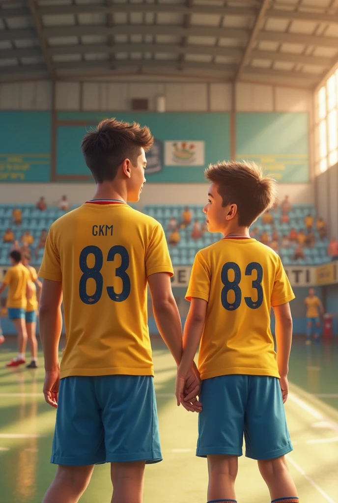 there are two men standing in a room with a clock on the wall, two male, cute boys, 🚿🗝📝, ronaldo luis nazario de lima, gay, diego 5, 🇺🇦, wearing a volleyball jersey, male!!, ronaldo luis nazario da lima, ben mauro, argentina, official, making of, two men hugging, in shorts