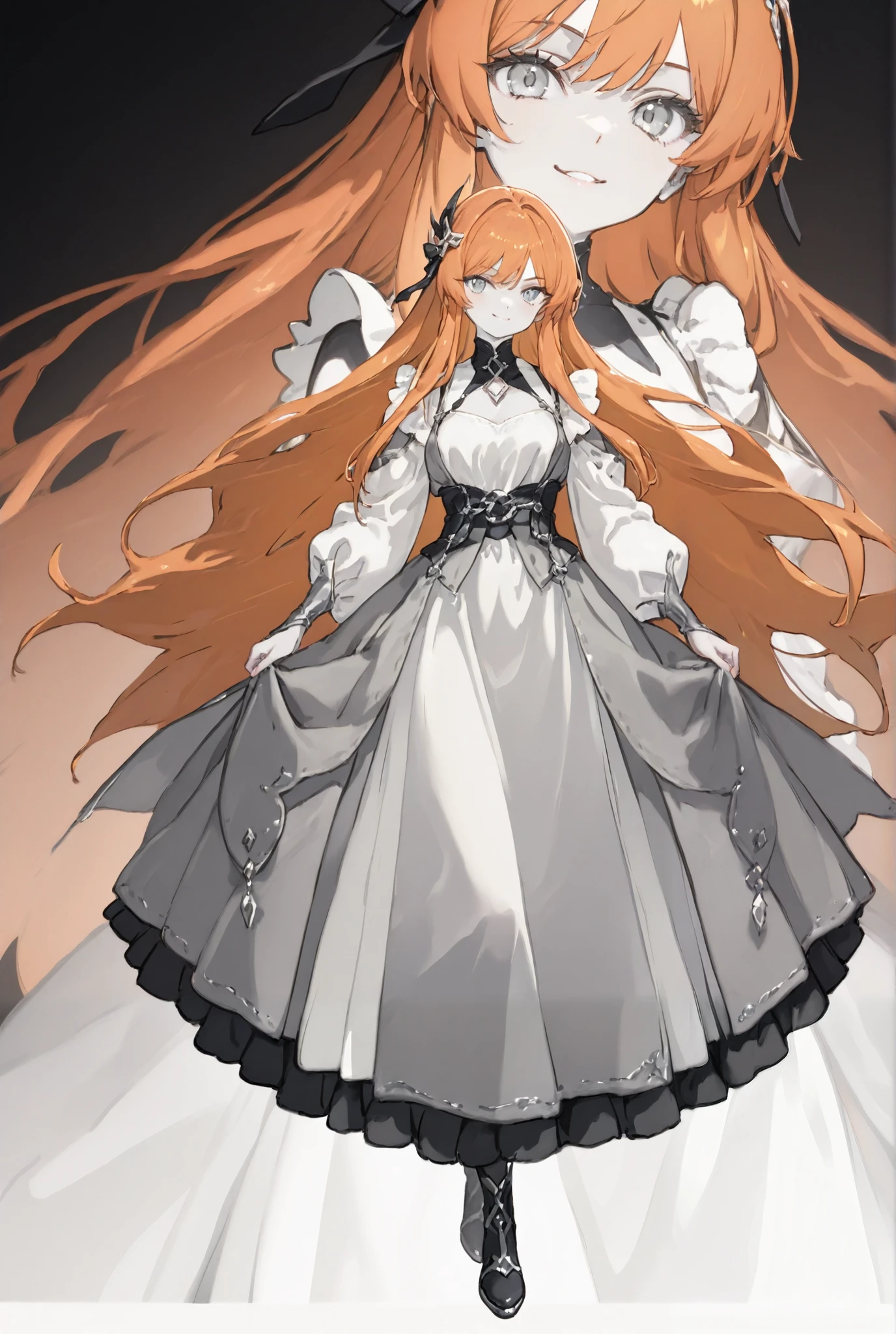 masterpiece、Close、Ultra High Quality、Highest quality、Madness、villain、Alluring、beautiful、delicate、very long hair、anime style、((Orange Hair:1.5))、((silver eyes:1.5))、bungs、pure white skin、Original Character、intricate design、Unique Design、Long Lashes、full bodyの描画、request、Possible Adoption、full body、background、((白いbackground:1.5))、full body、pure white skin、background無地、backgroundなし、characters only、vibrant colors、Villain、Creepy、smile、 grey costume 、Ninja。