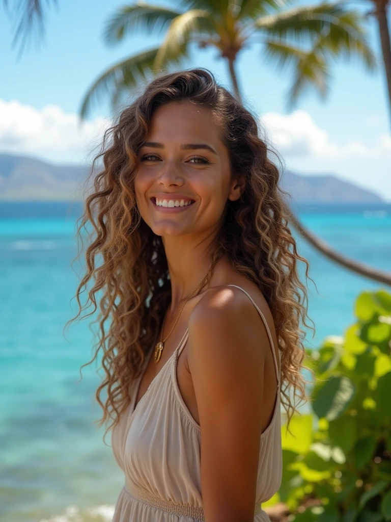 A woman at the nudist beach relishes a banana, (full figured, large hips, clear bright eyes) ultra high definition, realistic and super detailed body, praia de nudismo (nudist beach), ambient sunlight filters through her long, wavy chestnut hair as she leans against a weathered palm tree, taking a leisurely bite from the ripened fruit, her hair cascading down her back in soft waves. Her expressive eyes meet the viewer's gaze, a hint of mischief in her smile, as she savors the tropical treat. The golden sand and crystal clear water reflect off her toned skin, adding depth and texture to the image. The atmosphere is
