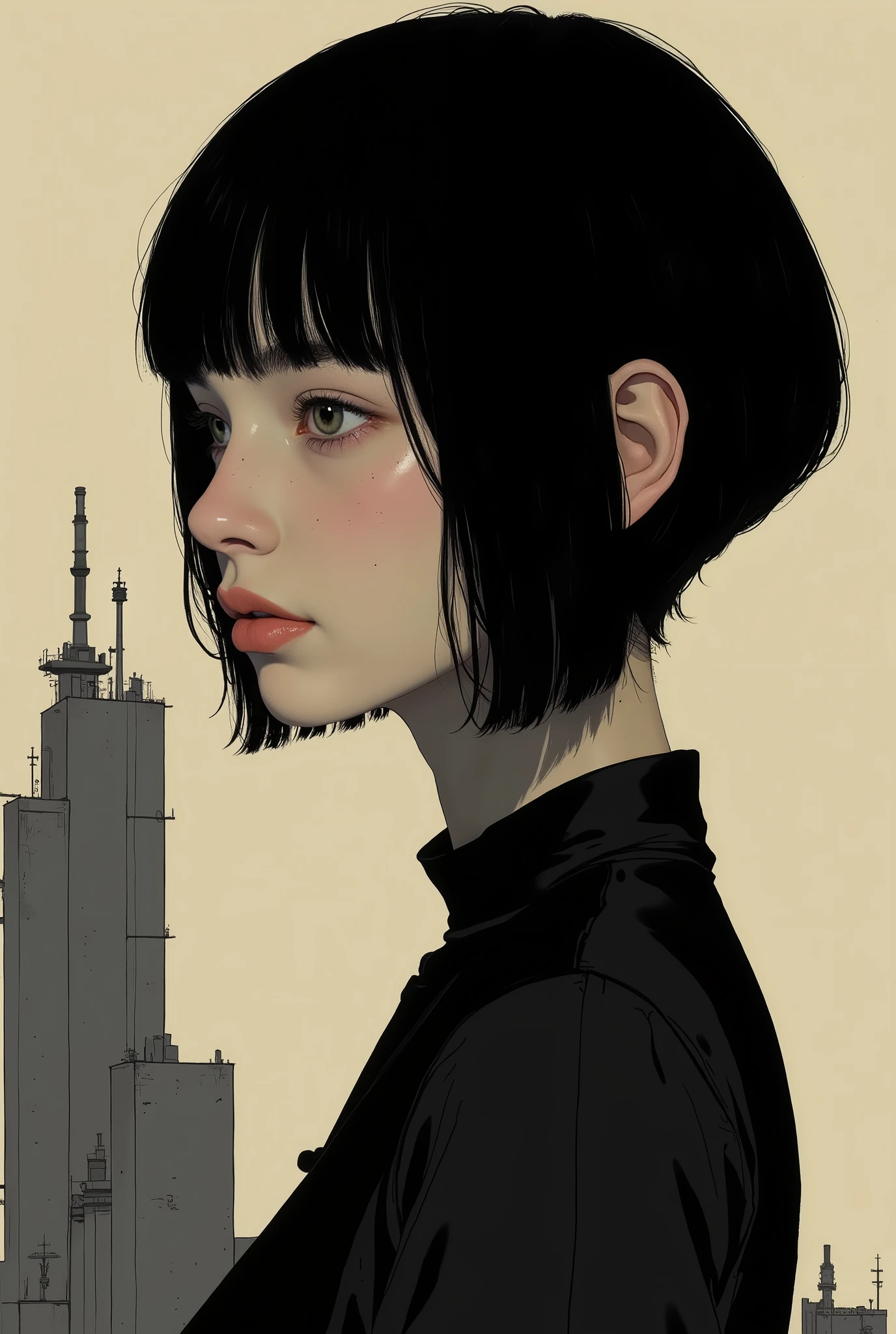 profile、close-up of a woman in a black dress, smiles、Tomer Hanuka , Popular on CGSociety,full bangs、 black hair、shortcuts、 conceptual art, laurie greasley and James Jean, Jamie Hewlett Art , Laurie Gracley's style, James Jean style, Jamie McKelvie comic art , James Jean!, style of James Jean, James Jean marc