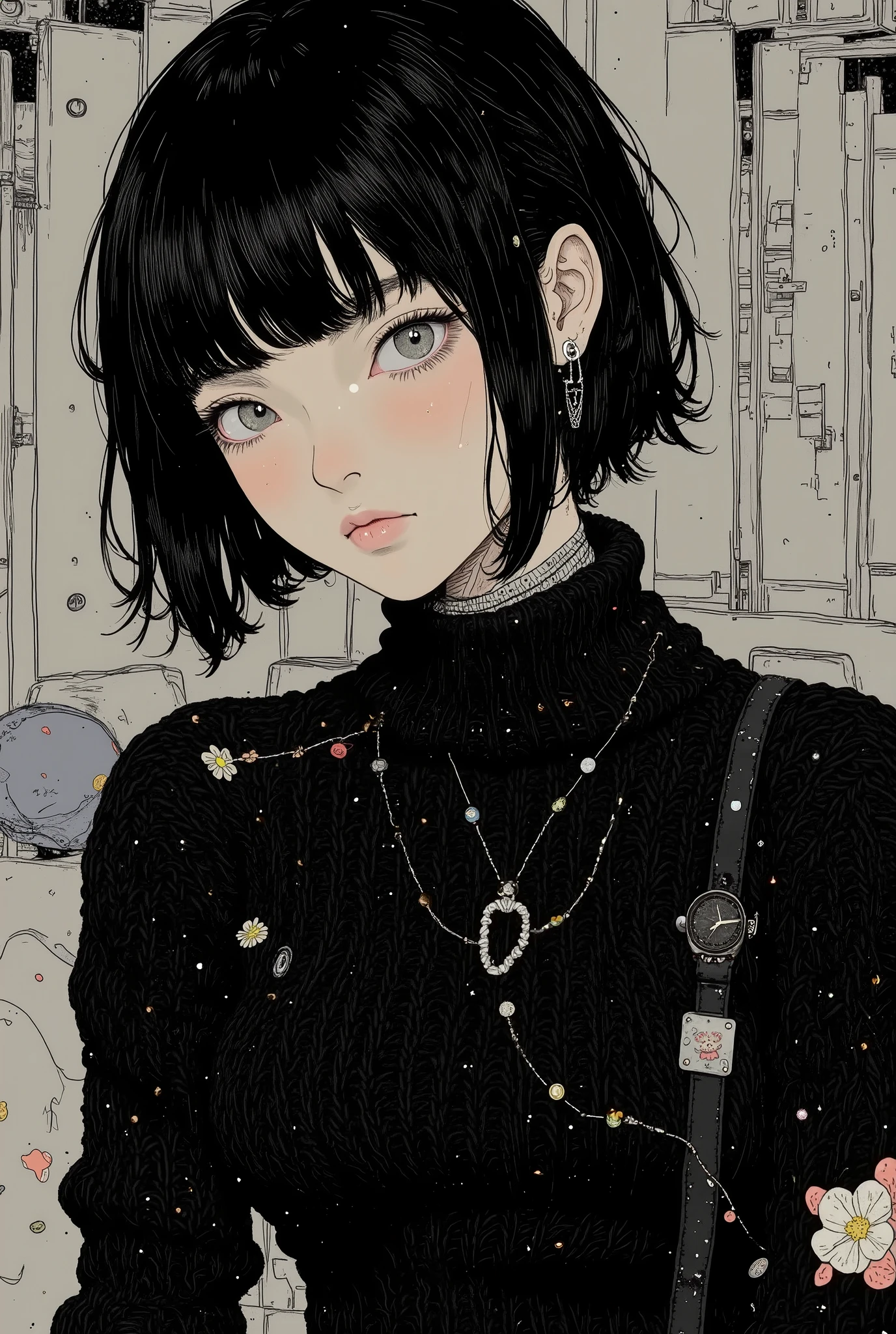 profile、Close up of a cute woman wearing a black knit, Tomer Hanuka  , Popular on CGSociety,full bangs、 black hair、shortcuts、 conceptual art, laurie greasley and James Jean,  Jamie Hewlett Art , Laurie Gracley's style, James Jean style,  Jamie McKelvie comic art , James Jean!, style of James Jean, James Jean marc