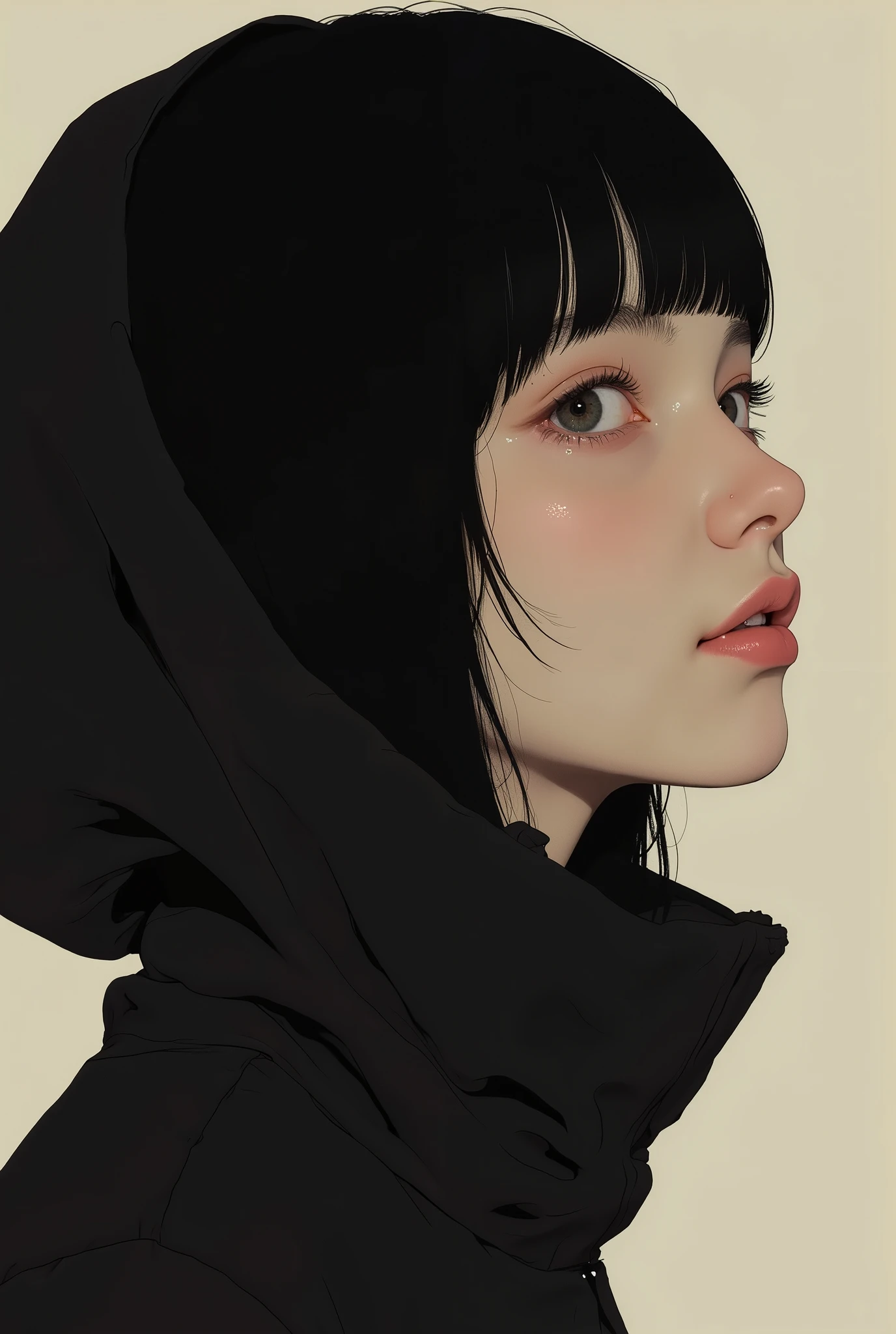profile、Close up of a Japanese woman wearing a black mountain hoodie, smiles、Tomer Hanuka , Popular on CGSociety,full bangs、 black hair、shortcuts、 conceptual art, laurie greasley and James Jean, Jamie Hewlett Art , Laurie Gracley's style, James Jean style, Jamie McKelvie comic art , James Jean!, style of James Jean, James Jean marc
