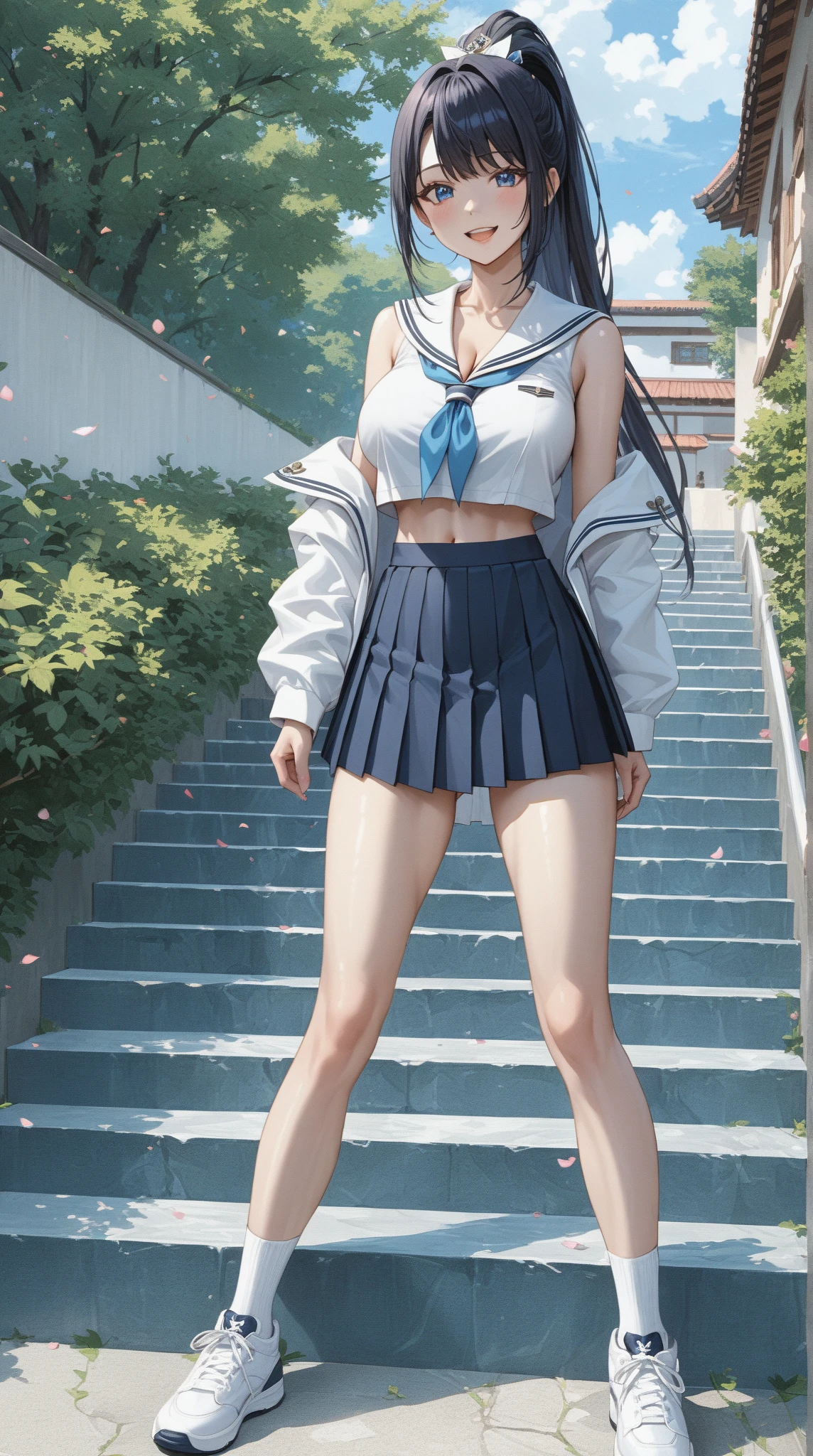 (masterpiece, best quality:1.2), realistic, High contrast, behind shot, 1girl, kawaii, (super big breasts, micro waist, very long legs:1.3), Black hair, short bob hair, short height, scrawny and thin body, Light Skin, cute big eyes, cute beautiful thin face, cute smile, serafuku, pigeon-toed, wet and sweaty, visible ribs, V sign, Trembling
