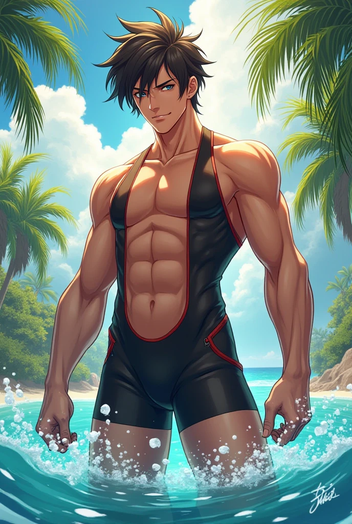 1man, mature male, parted bangs, medium-short hair, brown hair, muscular male celeb, short goatee, short mustache, indigo eyes, gentleman, elegant netori male, male high ratio body proportions, detailed face, Attractive, pheromonal, stocky waist, BREAK black swim bikini, topless, off shot, male nipples, abs, thigh, small bulge, fullbody, solo, looking side, soft smile, sexy posing, seaside, from side, in gentle sasaki style, visual novel, 2010s, extreme all detailed, masterpiece, best quality