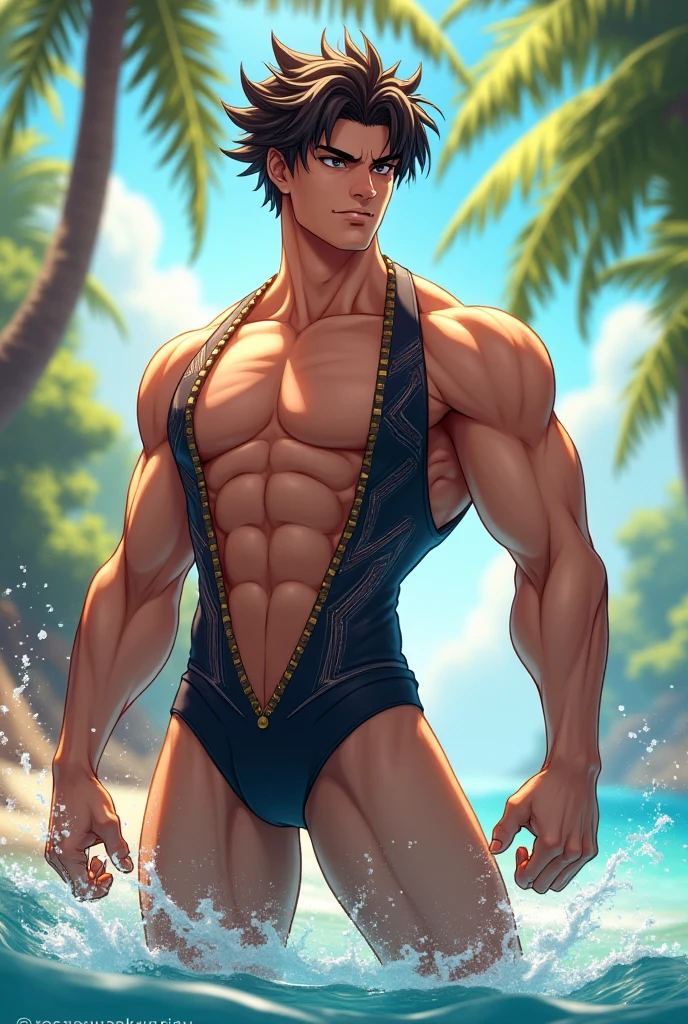 Realistic, (masterpiece, top quality, best quality, official art), very detailed, colorful, most detailed, gods, short hair, black hair, handsome man, sea, necklace, beach, pectorals, abs, beach pants