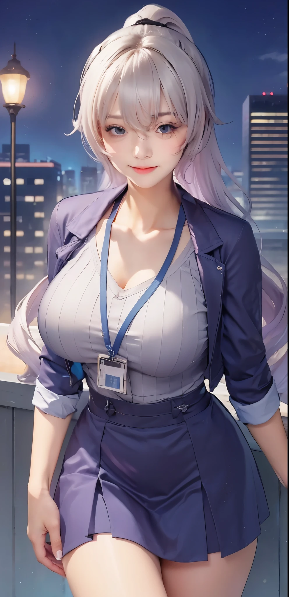 (masterpiece:1.2, top-quality), (realistic, photorealistic:1.4), beautiful illustration, (natural side lighting, movie lighting), 
looking at viewer, cowboy shot, front view, 1 girl, japanese, high school girl, perfect face, cute and symmetrical face, shiny skin, babyface, 
(long hair, straight hair, silver hair), hair between eyes, purple eyes, (middle breasts, seductive thighs, big ass), piercings, 
beautiful hair, beautiful face, beautiful detailed eyes, beautiful clavicle, beautiful body, beautiful chest, beautiful thigh, beautiful legs, beautiful fingers, 
((long sleeves, white collared shirt, black suit jacket, black pencil mini skirt), id card, strap, black high heels), 
(beautiful scenery), evening, park, walking, (lovely smile, upper eyes), big tits, ((high resolution face)), plump