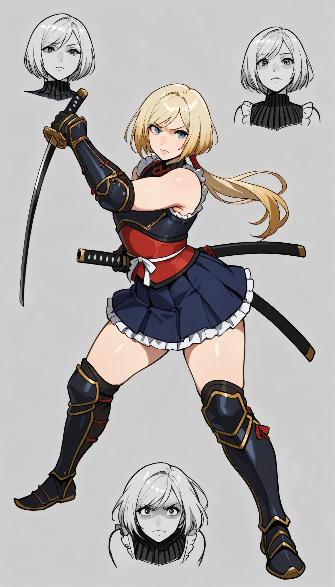 Diodora from mokushiroku no yonkishi,BREAK,score_9, score_8_up, (candydoII feisty femboy with milfy slim body), flat puffy thicc mass man-chest, (anime mature femboy with pale-blue straight long with swept bangs), crisp detailed silken smooth hair, loose low ponytail, sleeveless gauntlets, armored dress, heavily decorated samurai katana, scabbard on hip, frilled short skirt, armored genji heeled-greaves, thick arms, action pose, wielding broadsword stance, knights actionw stance, (arched back), exude queenly erotic regality, sweet sweet mommy's nurturing expression, lips parting a little, confident, Curvy femboys body, BREAK, simple background, full body face close-up shot, eyes on viewer enticingly, dynamic side view, dynamic cowboy shot, (sketch fine doodle style), game assets, different expressions, (Smooth shading), subtle highlights, warm & soft pallette, polished painterly look, moe anime-style final fantasy brave exvius wars of the vision digital artstyle, dynamic view full body shot, dynamic angle views, 128K UHDR Best Quallity, source: original character,