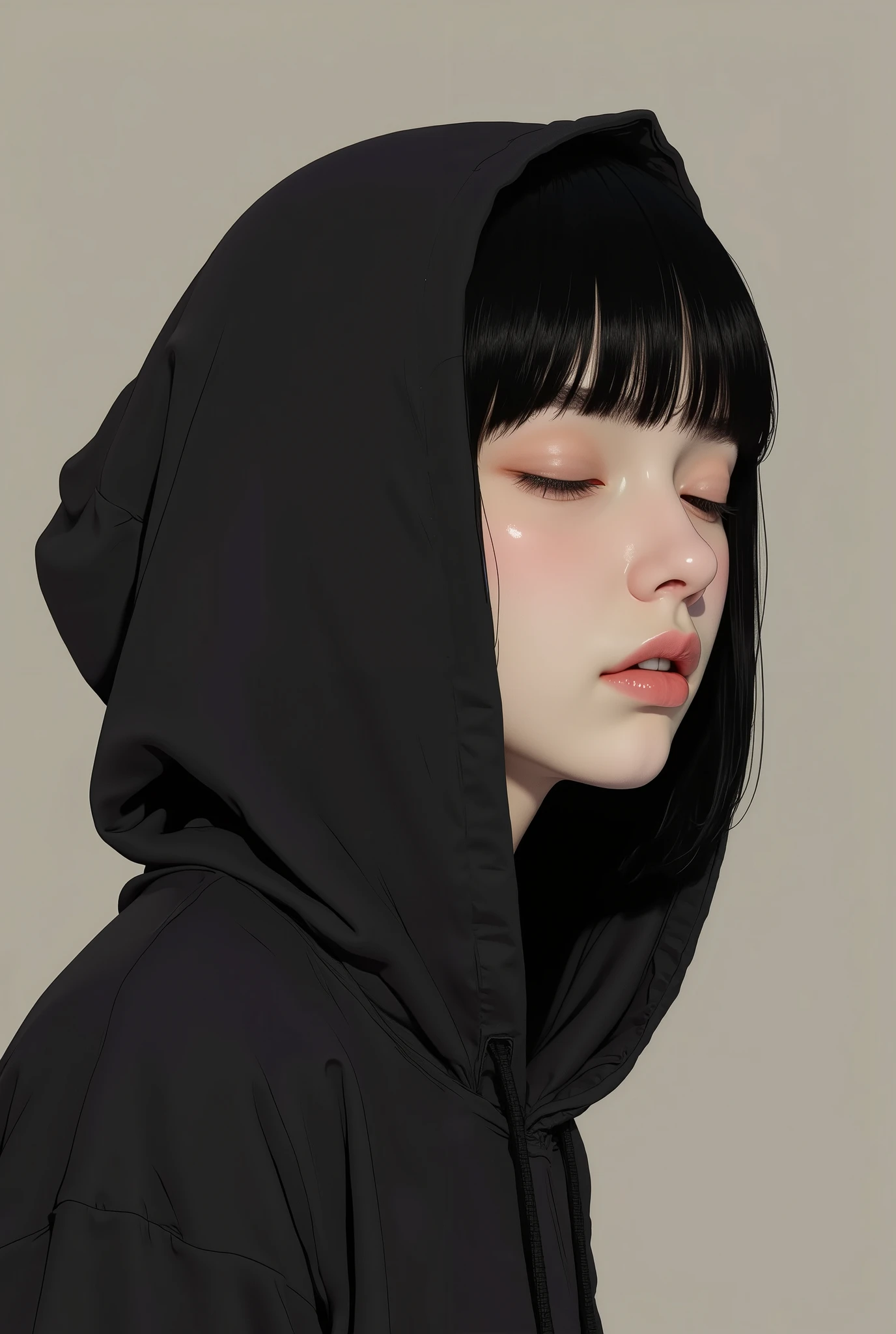 profile、Close up of a Japanese woman wearing a black mountain hoodie,closes her eyes、Tomer Hanuka , Popular on CGSociety,full bangs、 black hair、shortcuts、 conceptual art, laurie greasley and James Jean, Jamie Hewlett Art , Laurie Gracley's style, James Jean style, Jamie McKelvie comic art , James Jean!, style of James Jean, James Jean marc