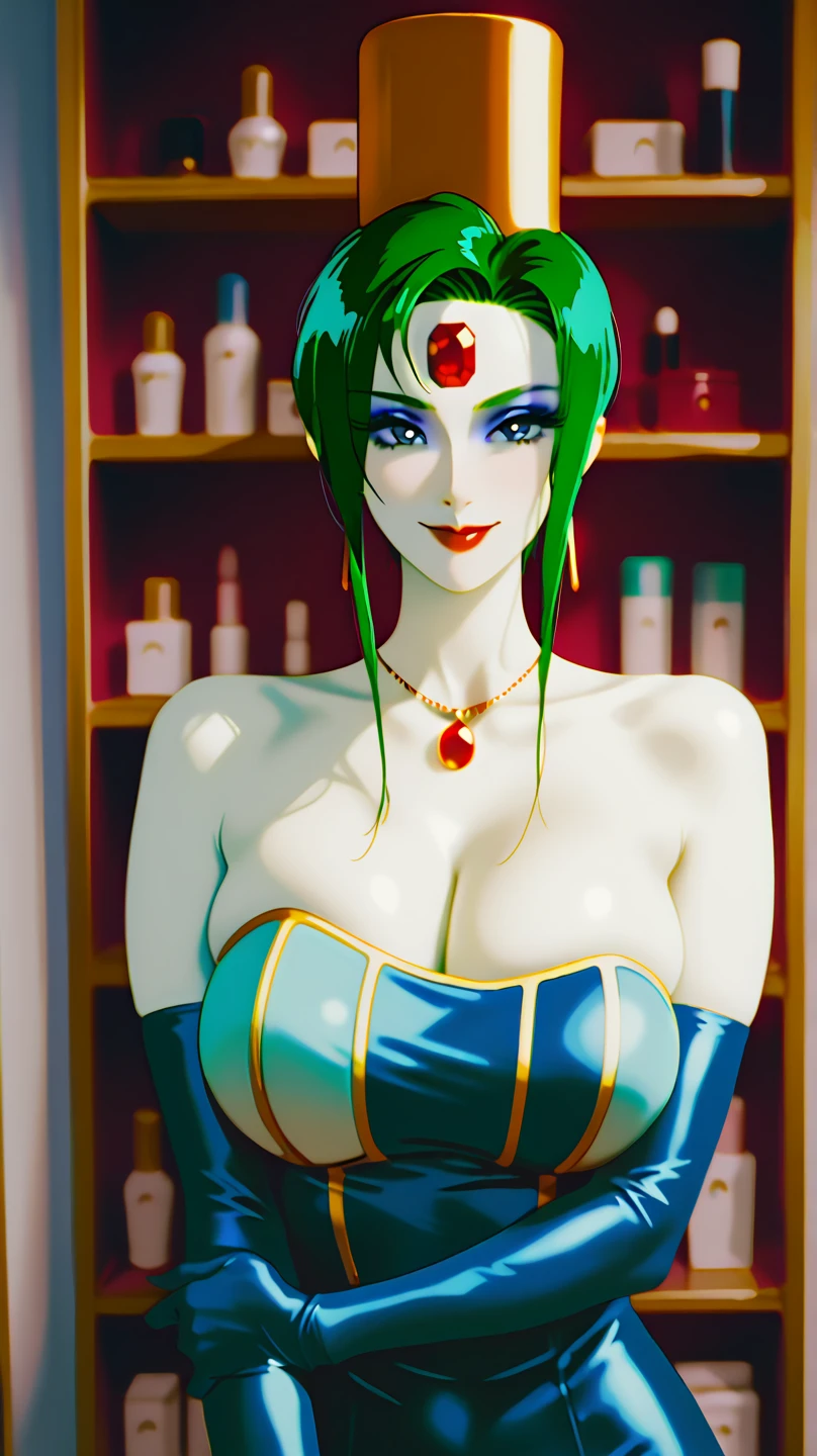 (masterpiece,best quality,ultra-delicate,Perfect Face,16k,high resolution,very beautiful woman), Atsugessho:1.3,  upper body shot,deep green hair,blue latex bodycon dress, long latex gloves, green tights, (huge breasts), gold headpiece, pale blue skin, red gem on forehead, pink mist, ((cosmetics counter)), holding large red ball on rope, necklace, smirk, (extremely glossy)