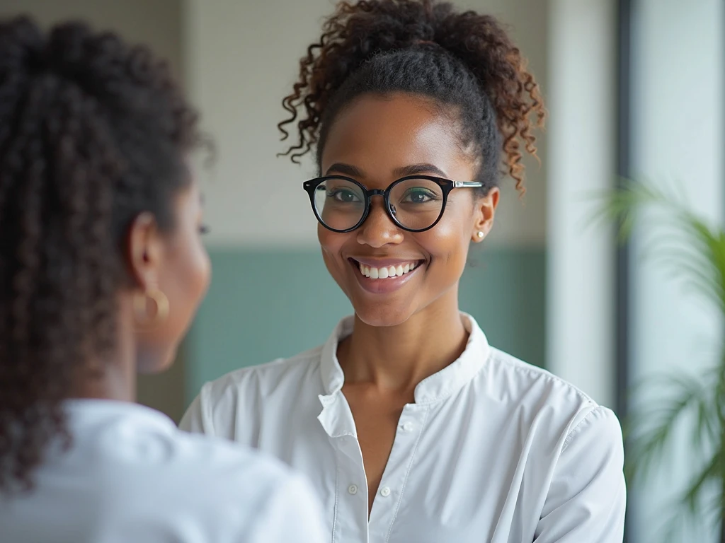 Photographie ultra-réaliste d’une femme réunionnaise en blouse blanche et lunettes, welcoming a patient with professionalism and a smile.