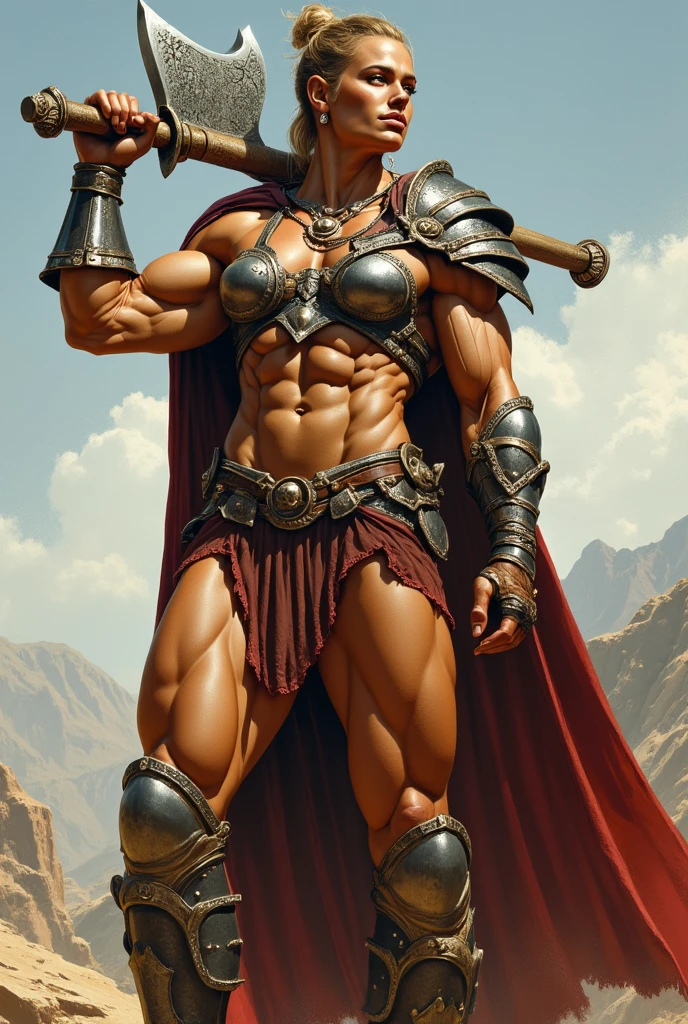 Subject: 1 Solo Female Gladiator Pose: Full body, whole body Standing tall, hands on hips (conveying confidence) Feet together, conveying a strong stance View from slightly below, emphasizing her power Clothing and Armor: Loincloth (detailed and well-crafted, showcasing her warrior status) Metal sandals, sturdy and battle-worn Leather choker, adorned with a gladiator emblem or small spikes (optional) Big belt, holding additional weapons or pouches (optional) Bracers on forearms, for protection Jewelry: Tiara (can be simple and battle-ready, or adorned with feathers or gladiator symbols) Additional Details: Strong, defined muscles Determined expression on her face Optional: scars or other battle marks that tell a story of her victories