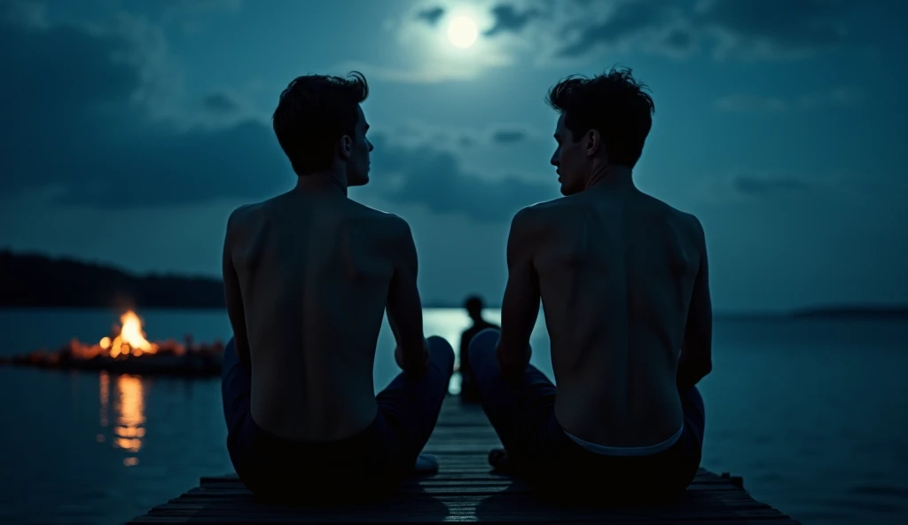 Moonlit Confession, 2 abs boy  sitting on a chair of a majestic tree under moonlight, 2 talking bubbles, talking bubble on left says "U missed me honey?", talking bubble on the right says "whattttt"Large breasts, 