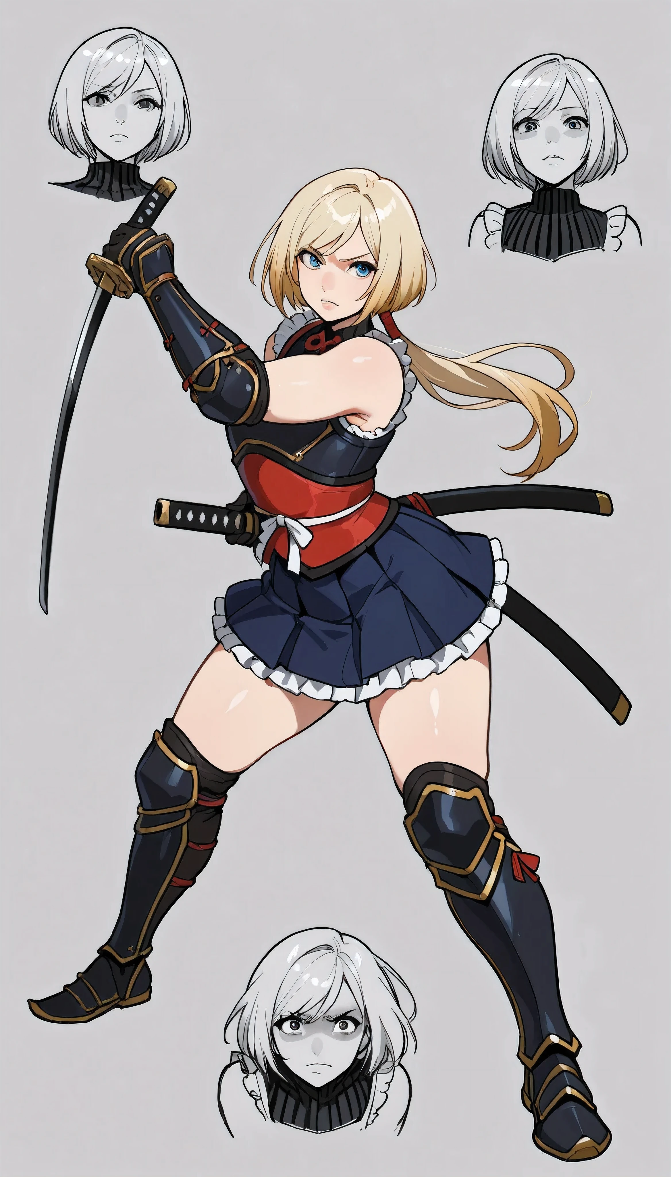 Diodora from mokushiroku no yonkishi,BREAK,score_9, score_8_up, (candydoII feisty femboy with milfy slim body), flat puffy thicc mass man-chest, (anime mature femboy with pale-blue straight long with swept bangs), crisp detailed silken smooth hair, loose low ponytail, sleeveless gauntlets, armored dress, heavily decorated samurai katana, scabbard on hip, frilled short skirt, armored genji heeled-greaves, thick arms, action pose, wielding broadsword stance, knights actionw stance, (arched back), exude queenly erotic regality, sweet sweet mommy's nurturing expression, lips parting a little, confident, Curvy femboys body, BREAK, simple background, full body face close-up shot, eyes on viewer enticingly, dynamic side view, dynamic cowboy shot, (sketch fine doodle style), game assets, different expressions, (Smooth shading), subtle highlights, warm & soft pallette, polished painterly look, moe anime-style final fantasy brave exvius wars of the vision digital artstyle, dynamic view full body shot, dynamic angle views, 128K UHDR Best Quallity, source: original character,