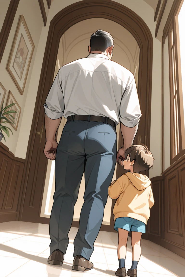 A father and a mother with their backs turned and their daughter in the middle but the girl expresses fear and her parents look like they are physically and psychologically abusing her. 