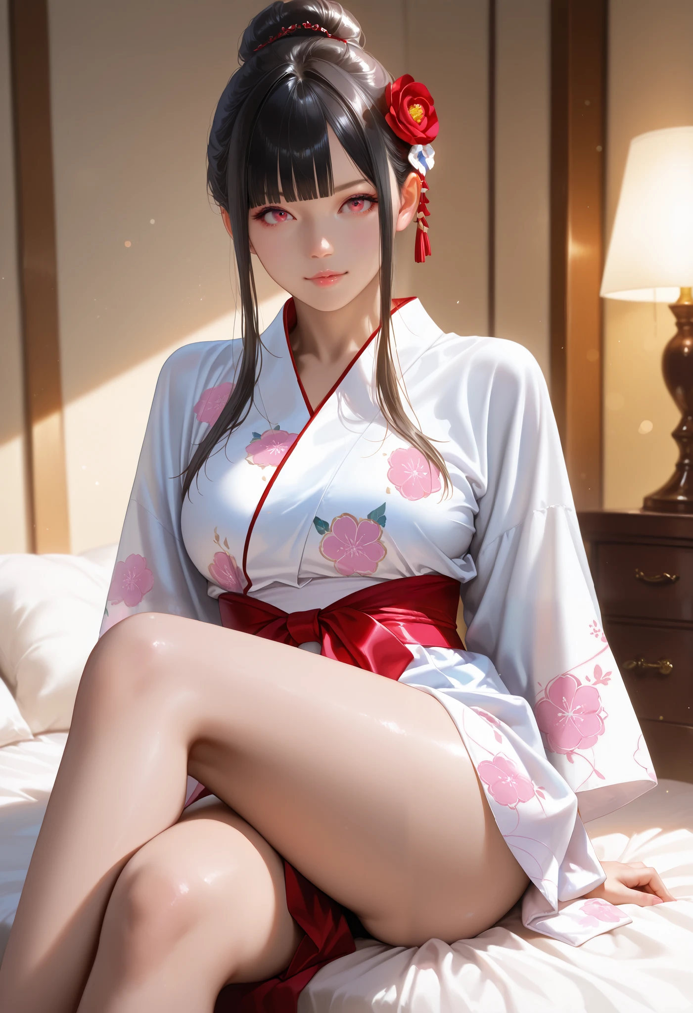 bright look、photorealism、highest quality、Super high resolution、picture extraordinary beautiful girl cute and beautiful face details、、beautiful bangs shining white skin
TKNKZMI, (best quality,highres:1.2), (realistic:1.37), HDR,UHD,studio lighting,extremely detailed,professional,vivid colors,bokeh, portraits,warm toned lighting beautiful woman face, beautiful light red eyes, black hair, blunt bangs, eye shadow, sidelocks, hair ornament, hair bun, sleepwear floral decorative yukata robe, Legs, Thighs, Model shoot, Warm bedroom,
