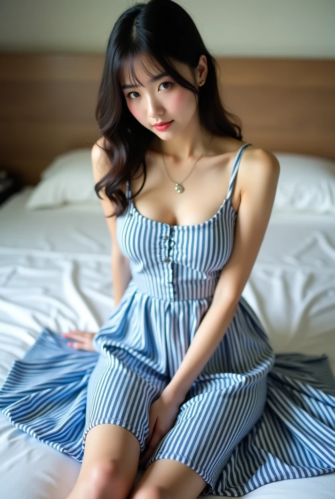 (masterpiece, Highest quality, 8k, RAW Photos, beautifully、beautiful:1.2), Intricate details, indirect lighting, Realistic,
whole body, Sitting on a chair on the train、close your eyes、Sleep、Voyeur、Photographed from the front、
Square neck button-down linen sundress, (Ultra-realistic pantyhose)、
Women's training , Chair to sit under skirt,