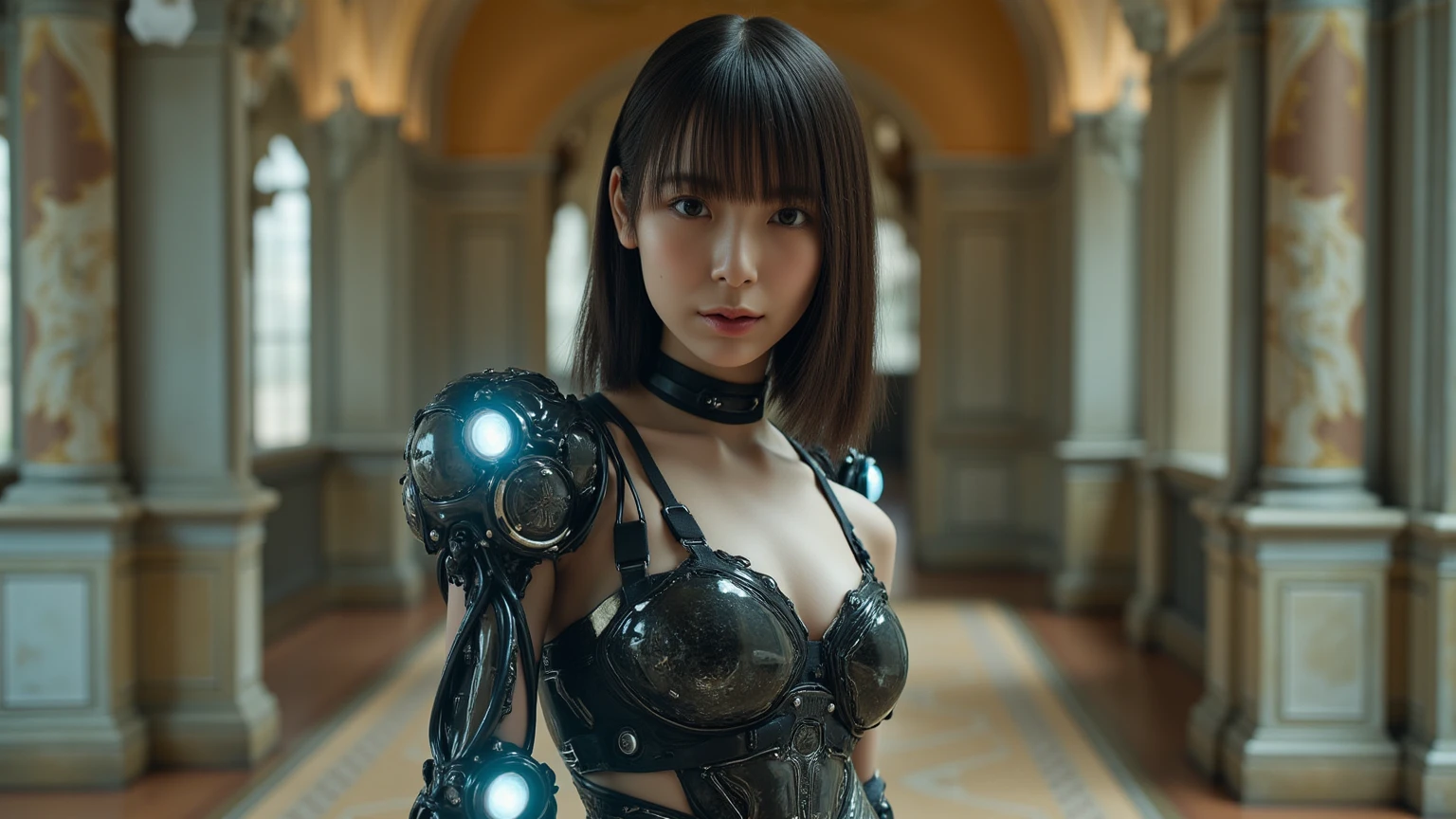 top quality, masterpiece, Ultra-high resolution, (Reality: 1.4), original photo, 1 cyberpunk girl, Black Hair, Smooth skin, 1.mechanical girl, Depth of field focus f/2.8, (Ultra-realistic details)), contrast, shadow, Octane Rendering, 8k, Extremely sharp, Cleavage exposed, Rawhide, Metal, Exquisite decorative details, Japan Details, Very intricate details, realistic light, CGSoation trends, face camera, Neon details, Mechanical limbs, blood vessels connected to tubes, A mechanical vertebrae attached to the back, Mechanical neck fixation device, Wires and cables to the head, Gundam, Small LED lights.