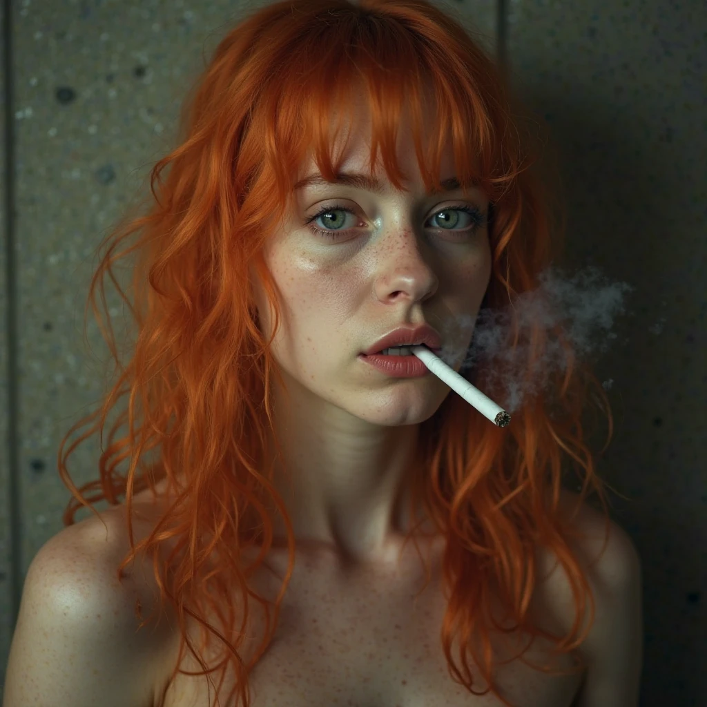 A beautiful 23 years old villain type of girl with long red hair and fell upon one side of her eye, dark brown lipstick, green eyes and she is wearing a sexy revealing yellow outfit and smoking a cigarette 🚬.
