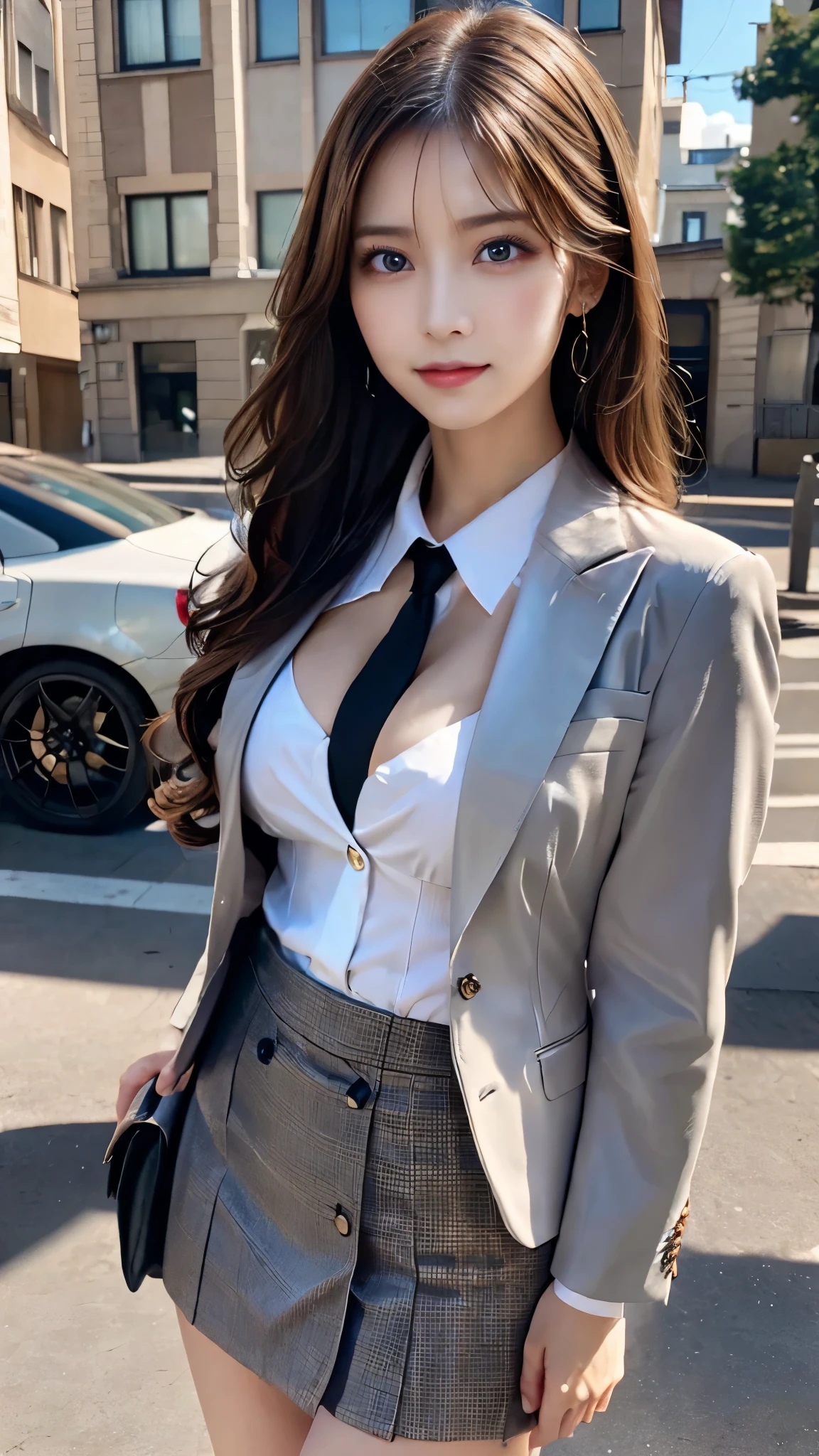 Beautiful Japan adult woman, top-quality, ​masterpiece, 1girl in, Beautiful expression, (photographrealistic:1.3), Rim lighting, (High Detail Skins:1.2), Digital SLR, hightquality, hight resolution, 4K, 8K, bokeh dof, (realisitic:1.3), (Wear a formal blazer:1.1), Without sternum, fleshy breasts、Big breasts with tension, ((a short skirt:1.1)), (Transparent blouse:1.1), (The chest of the blouse is open、Chest exposed:1.2), (From the knee up), see the beholder,