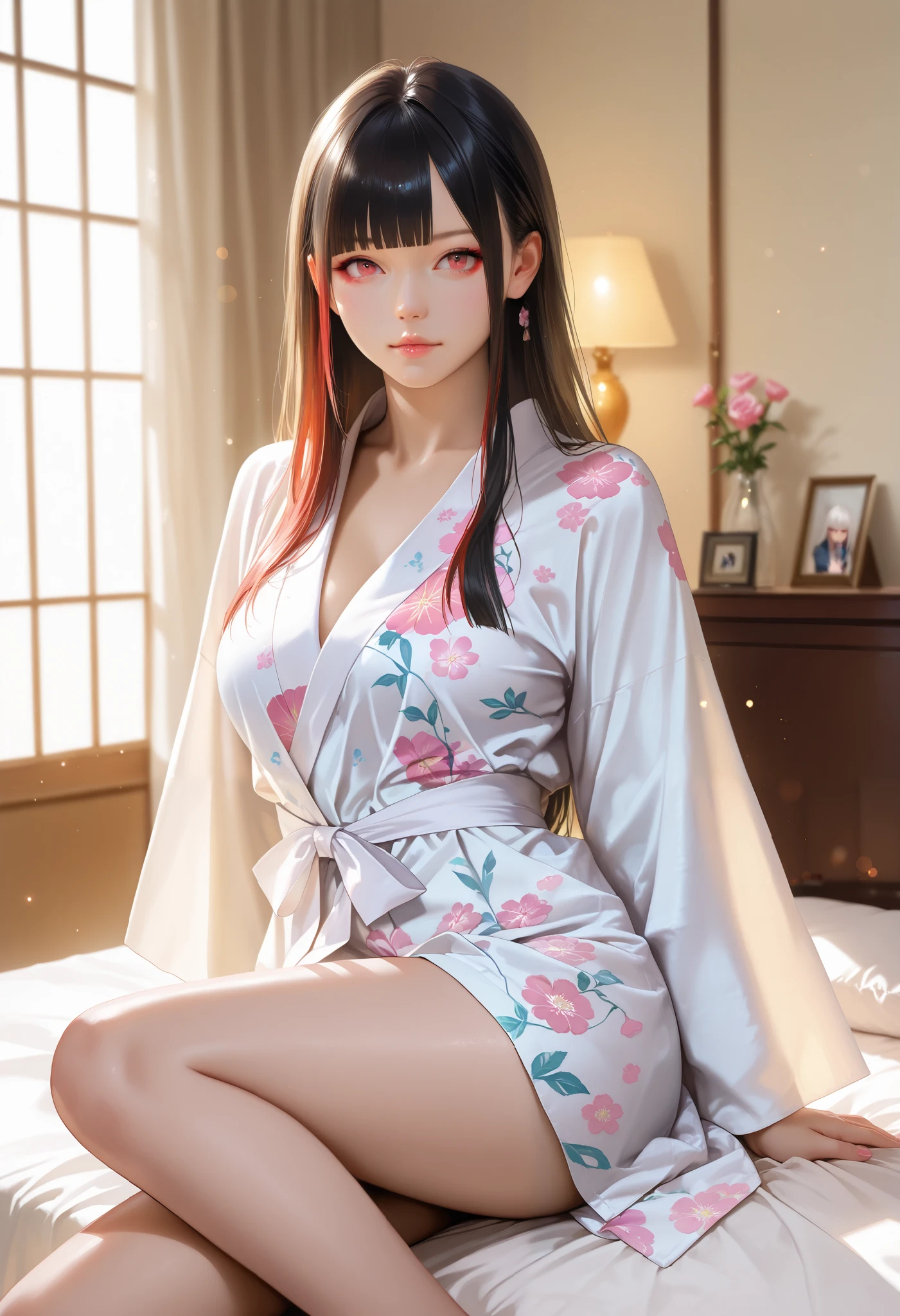 bright look、photorealism、highest quality、Super high resolution、picture extraordinary beautiful girl cute and beautiful face details、、beautiful bangs shining white skin
TKNKZMI, (best quality,highres:1.2), (realistic:1.37), HDR,UHD,studio lighting,extremely detailed,professional,vivid colors,bokeh, portraits,warm toned lighting beautiful woman face, beautiful light red eyes, black hair, blunt bangs, eye shadow, sidelocks, hair long, sleepwear floral decorative yukata robe, Legs, Thighs, Model shoot, Warm bedroom,