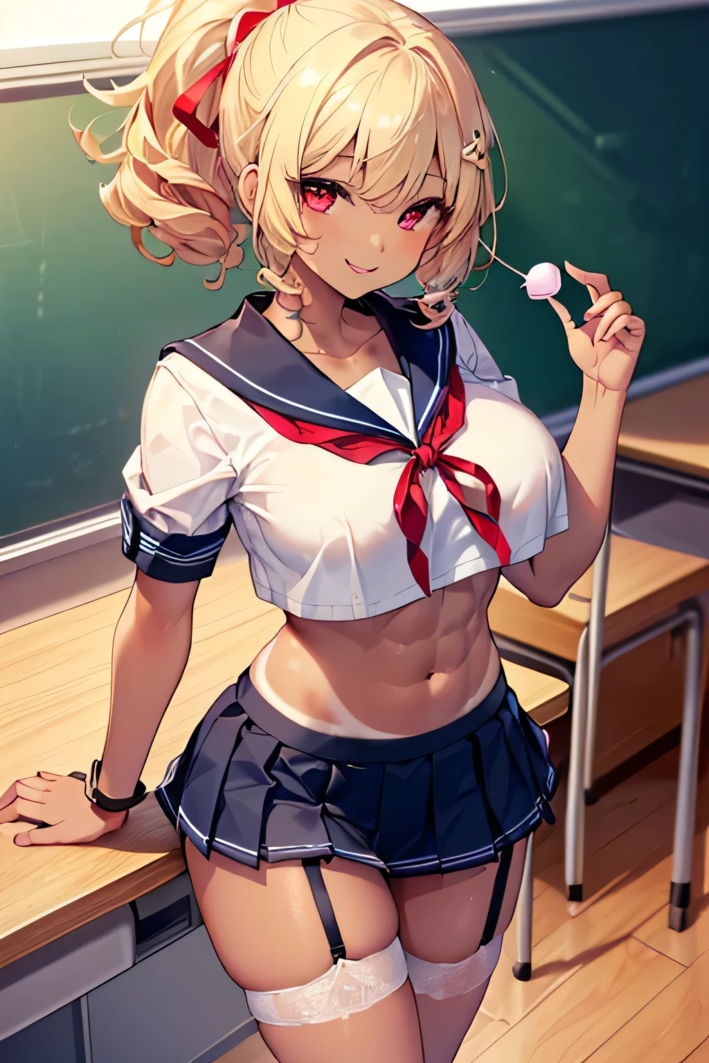 (masterpiece,best quality, detailed), 1girl, solo, indoors, prison, dark, kneeling, handcuffs, from above,
shiraki meiko, striped, midriff, prison clothes, glasses, hair bun