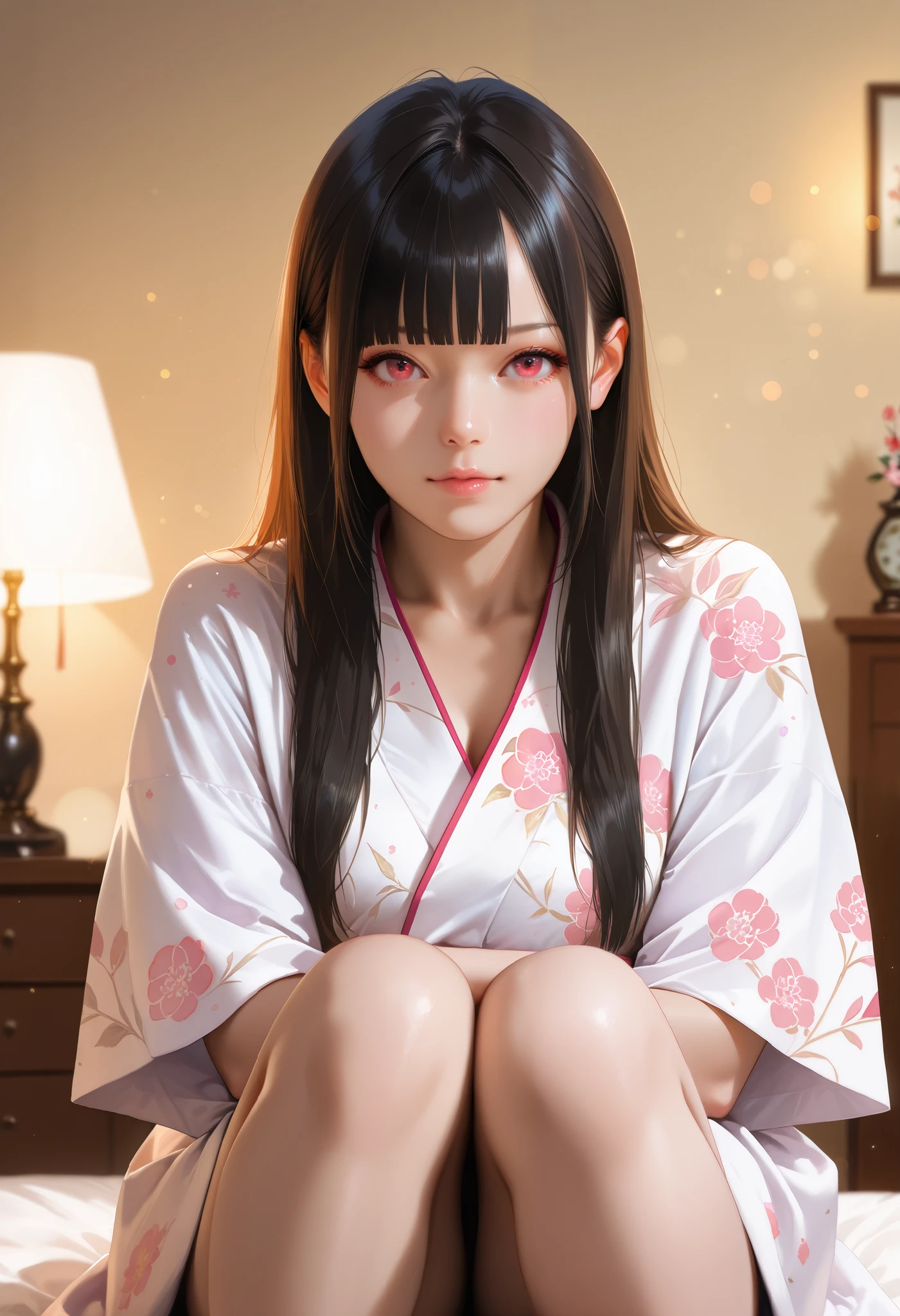 bright look、photorealism、highest quality、Super high resolution、picture extraordinary beautiful girl cute and beautiful face details、、beautiful bangs shining white skin
TKNKZMI, (best quality,highres:1.2), (realistic:1.37), HDR,UHD,studio lighting,extremely detailed,professional,vivid colors,bokeh, portraits,warm toned lighting beautiful woman face, beautiful light red eyes, black hair, blunt bangs, eye shadow, sidelocks, hair long, sleepwear floral decorative yukata robe, Legs, Thighs, Model shoot, Warm bedroom,