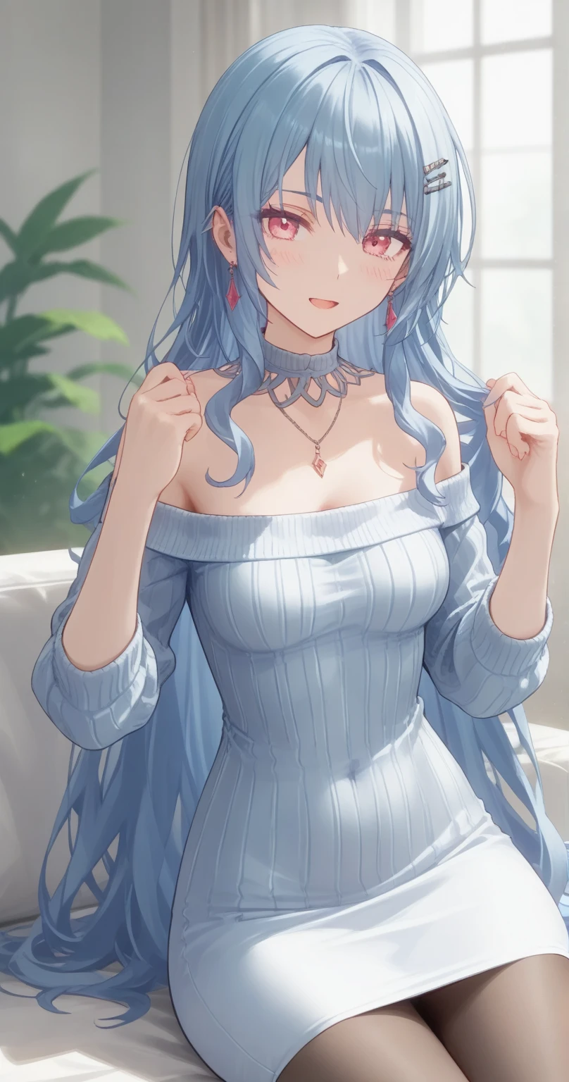 Character Details:, - Gender: 1 Girl. - Style: Anime, - Body Type: Attractive body, slim body, nice legs, slim tights, nice arms, nice shoulders. - Breast: (Small Breast:1.1), (Cleavage), (Nipple). - Facial Feature: Beautiful, Gorgeous, Teenager, Fresh, Young. - Expression: Shy, Smile, Pink Blush on Face, Sexy Eyes, Sexy Look, (Sweating:1.4), Innocent Look, Tipsy. - Hairstyle: Blunt Bangs, Long Hair. - Hair Color: (Light Blue Hair:1.5), (Messy long Hair:1.3), - Clothing: (Light Brown Sweater:1.6), (Off-Shoulder:1.3),. - Body Pose: (Sitting:1.1). - Behaviour: Waiting, Want Something, Secretly. - Accessories: Earrings., Environmental Details:, - Setting: Bed Room., - Lighting: Natural Light., - Decoration: Modern Bed, Chair, Window, White Curtain, City View. Top view. pov, anime style, UHD, retina, masterpiece, accurate, anatomically correct, texture