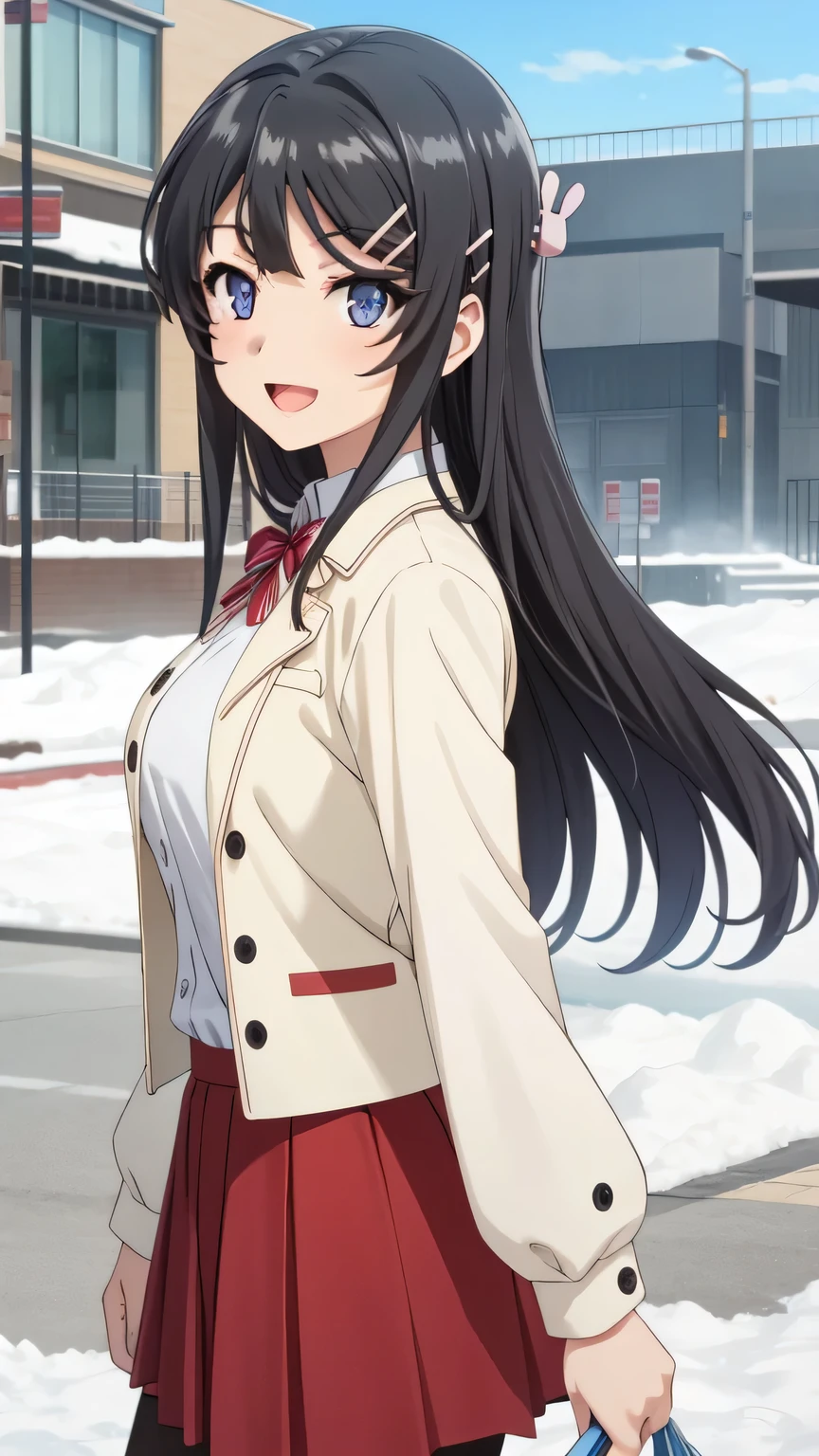 {{{masterpiece}}}, (best quality:1.5), (ultra-detailed:1.5), {illustration}, {{an extremely delicate and beautiful}}, (beautiful detailed eyes:1.6), absurdres, highres, extremely detailed face, 16k, hd, visual anime de uma jovem mulher, extremamente bonito rosto de anime, anime melhor garota, (perfect hands, perfect anatomy), anime face, sakurajima mai(Rascal Does Not Dream of Bunny Girl Senpai), Eft_bunny_mai, 1girl, solo, cute face, long hair, (black hair:1.5), bangs, sidelocks, hair ornament, hairclip, rabbit hair ornament, (purple eyes:1.1), large breasts, big hips, curvaceous, BREAK, private clothes, white jacket, cropped jacket, open jacket, long sleeves, white sleeves, blue shirt, inner shirt, ruffle shirt, pleated skirt, (red skirt:1.3), mini skirt, black pantyhose, BREAK, open mouth, smiling, flushed cheeks, walking, looking at viewer, outdoor, snow, field, sky, daytime, cowboy shot