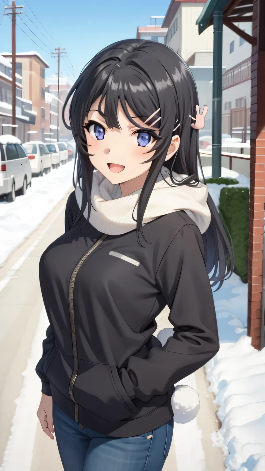 {{{masterpiece}}}, (best quality:1.5), (ultra-detailed:1.5), {illustration}, {{an extremely delicate and beautiful}}, (beautiful detailed eyes:1.6), absurdres, highres, extremely detailed face, 16k, hd, visual anime de uma jovem mulher, extremamente bonito rosto de anime, anime melhor garota, (perfect hands, perfect anatomy), anime face, sakurajima mai(Rascal Does Not Dream of Bunny Girl Senpai), Eft_bunny_mai, 1girl, solo, cute face, long hair, (black hair:1.5), bangs, sidelocks, hair ornament, hairclip, rabbit hair ornament, (purple eyes:1.1), large breasts, big hips, curvaceous, BREAK, private clothes, winter clothes, BREAK, open mouth, smiling, flushed cheeks, walking, looking at viewer, outdoor, snow, field, sky, daytime, cowboy shot