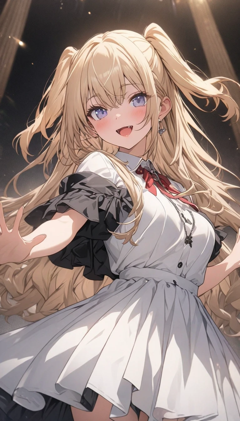 blonde, Red-eyed beauty、sing on a large live stage、pure white dress、flashy stage