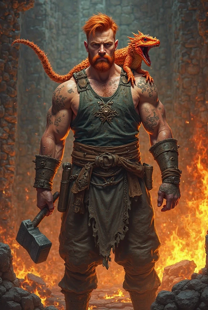 An orange haired teenager using a giant hammer with earth particles being defended by oni