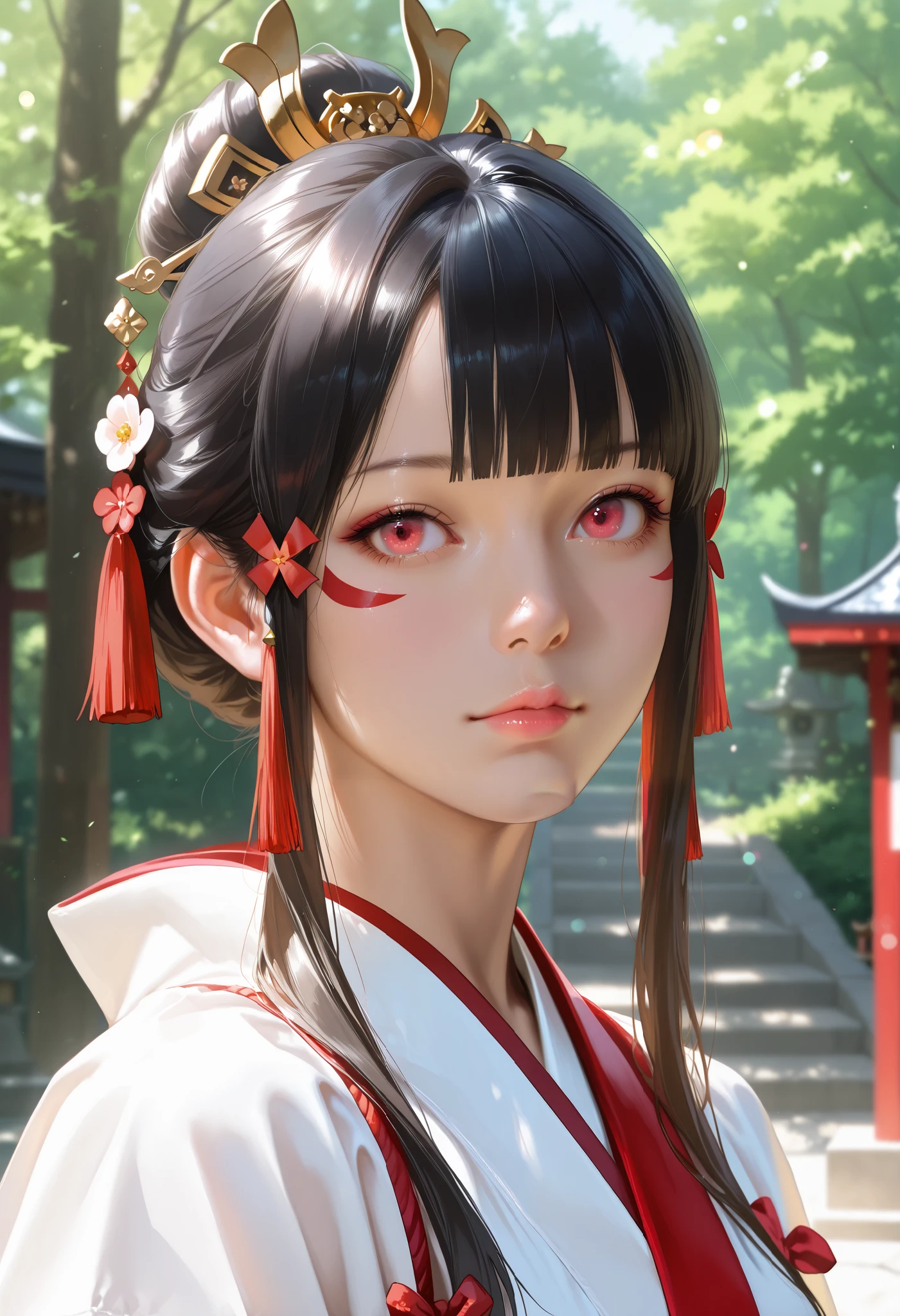 bright look、photorealism、highest quality、Super high resolution、picture extraordinary beautiful girl cute and beautiful face details、、beautiful bangs shining white skin
TKNKZMI, (best quality,highres:1.2), (realistic:1.37), HDR,UHD,studio lighting,extremely detailed,professional,vivid colors,bokeh, portraits,warm toned lighting beautiful woman face, beautiful light red eyes, black hair, blunt bangs, eye shadow, sidelocks, hair ornament, hair bun, white and red miko kimono, Model shoot, Japanese Shrine, nature,