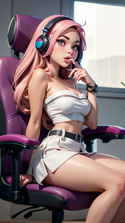 Cosplay dentista,medium breasts, medium butt,long pink hair, dentist chair,patient chair, centated doctor..