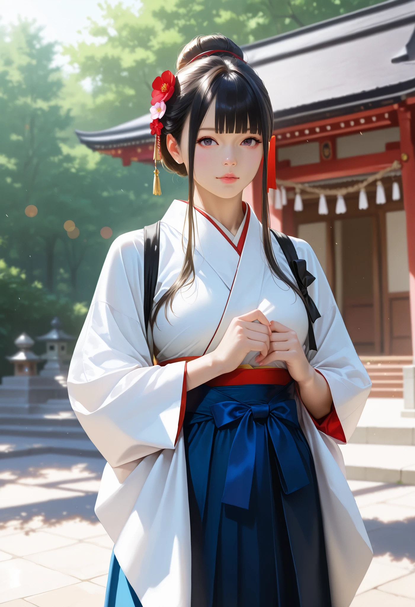 Modest pose,Cinematic look、photorealism、highest quality、Super high resolution、picture extraordinary beautiful girl cute and beautiful face、beautiful bangs shining white skin
TKNKZMI, (best quality,highres:1.2), (realistic:1.37), HDR,UHD,studio lighting,extremely detailed,professional,vivid colors,bokeh, portraits,warm toned lighting, black hair, blunt bangs, eye shadow, sidelocks, hair ornament, hair bun, Hakama kimono,  Amazing Photo, Japanese sakura trees,nature,
