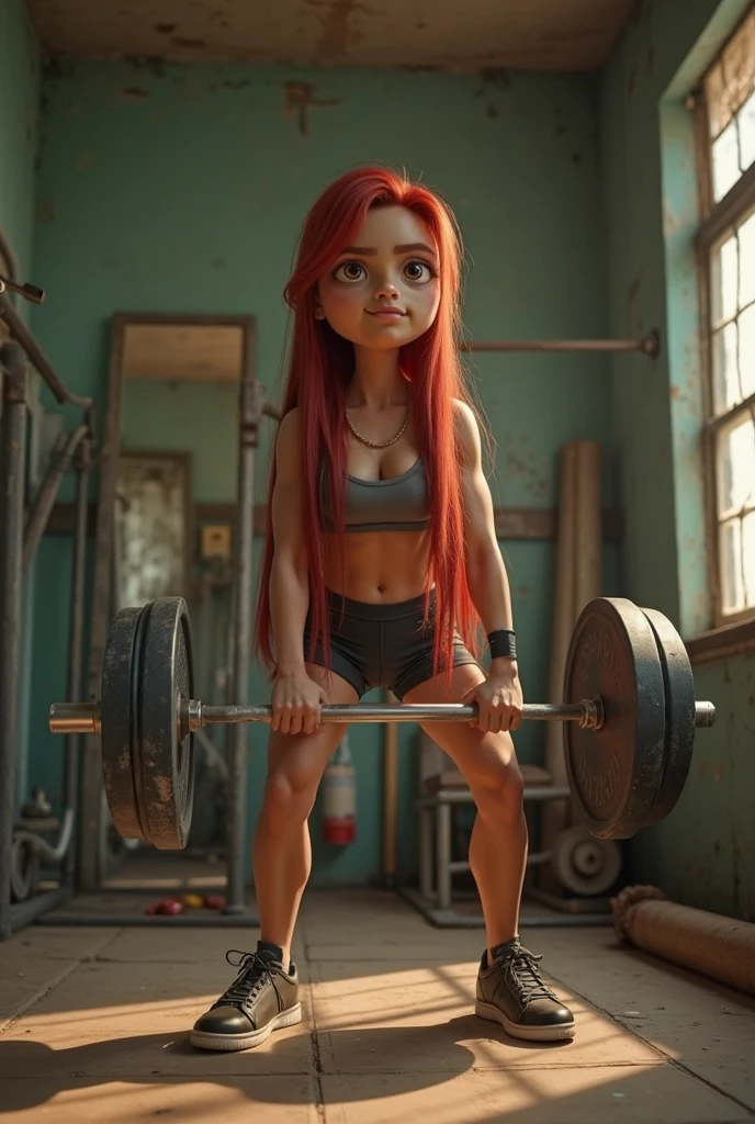 a muscular woman wearing a tank top and pink shorts sitting, gym background <lora:SamaritanEsdxl:0.7>