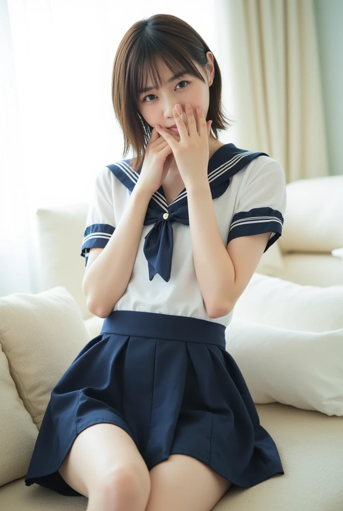 younggirl, extremely detailed CG unified 8k wallpaper, Highly detailed, High-definition raw color photos, Professional Photography, Realistic portrait, Cinematic Light, Bangs, (High School Uniform, Pleated mini-skirt:1.3), School, crass room,Sitting at a desk,hi-school girl、Big Girl:1.5、Burnt skin:1.5、Absolute area、14 year old beautiful girl、Amazing slender body shape、full body drawing、ssmile、A Japanese Lady、LE SSERAFIM、(8K、RAW Photos、top-quality、​masterpiece:1.2)、(realisitic、Photorealsitic:1.37)、ultra-detailliert、超A high resolution、The whole body is shown、realistic、夏天、((top-quality、masuter piece:1.3))、14-year-old girl 1、Beautiful girl emphasizing slender abs:1.3、(Shortcut Hair、ＣCup Breast:1.2)、(((Touching the pubic area with your hand:1.2、Climax face)))、hyperdetailed face、A detailed eye、二重まぶた、Face of sexual pleasure、Panting face、Iki face、beautiful expression、ssmile、barechested、sexypose、((Inviting attitude、barechested))、((barechested、Climax posture、Flip up your skirt、See-through sailor suit))、You can see the shape of the nipple、(((The nipple is visible、Pubic area visible、My legs are wide open)))、(((Shortcut Hair、Climax face、Touching the pubic area with your hand)))、Raw photo、Face in love、no panty、no-bra、See-through sailor suit、Photo Quality、Toned waist、Beautuful Women、Beautiful waist constriction、(top-quality), (ultra-detailliert), (​masterpiece), (wall-paper), (详细的脸), (dynamicposes)、(((Open your pubic area with your fingers to show off)))、The crotch is visible、Beautiful crotch、Fully see-through attire、Beautuful Women、(((Correct hand、Correct fingers、Two arms、Five Fingers、Precise human body structure)))top-quality,ultra - detailed,tmasterpiece,hentail realism,Photorare,Bright lighting,, extremely beautyful girl, ,Thin smile, (Brown eyes),(brown haired),short detailed hair(By bangs),perfect glossy shiny skins,flawless skin,((Exact pointers，No discomfort)),Poor milk,flat chest and thin waist,, looking at viewert,((a sailor suit))，Crop topping，((Short sleeve uniform white shirt)),(red necktie),(Blue Mini Pleated Skirt)，,((Sit up,Spread your legs apart)), sockes,（Over knee socks） (White tights), In the daytime，Lie on the bed with your legs spread，Absolute area、14 year old beautiful girl、full body drawing、ssmile、A Japanese Lady、Seraphim Super Detailed Face、A detailed eye、二重まぶた、Face of sexual pleasure、Panting face、Iki face、beautiful expression、ssmile、barechested、sexypose、((Inviting attitude、barechested))、((barechested、Climax posture、Flip up your skirt、See-through sailor suit))、You can see the shape of the nipple、(((The nipple is visible、Pubic area visible、My legs are wide open)))、