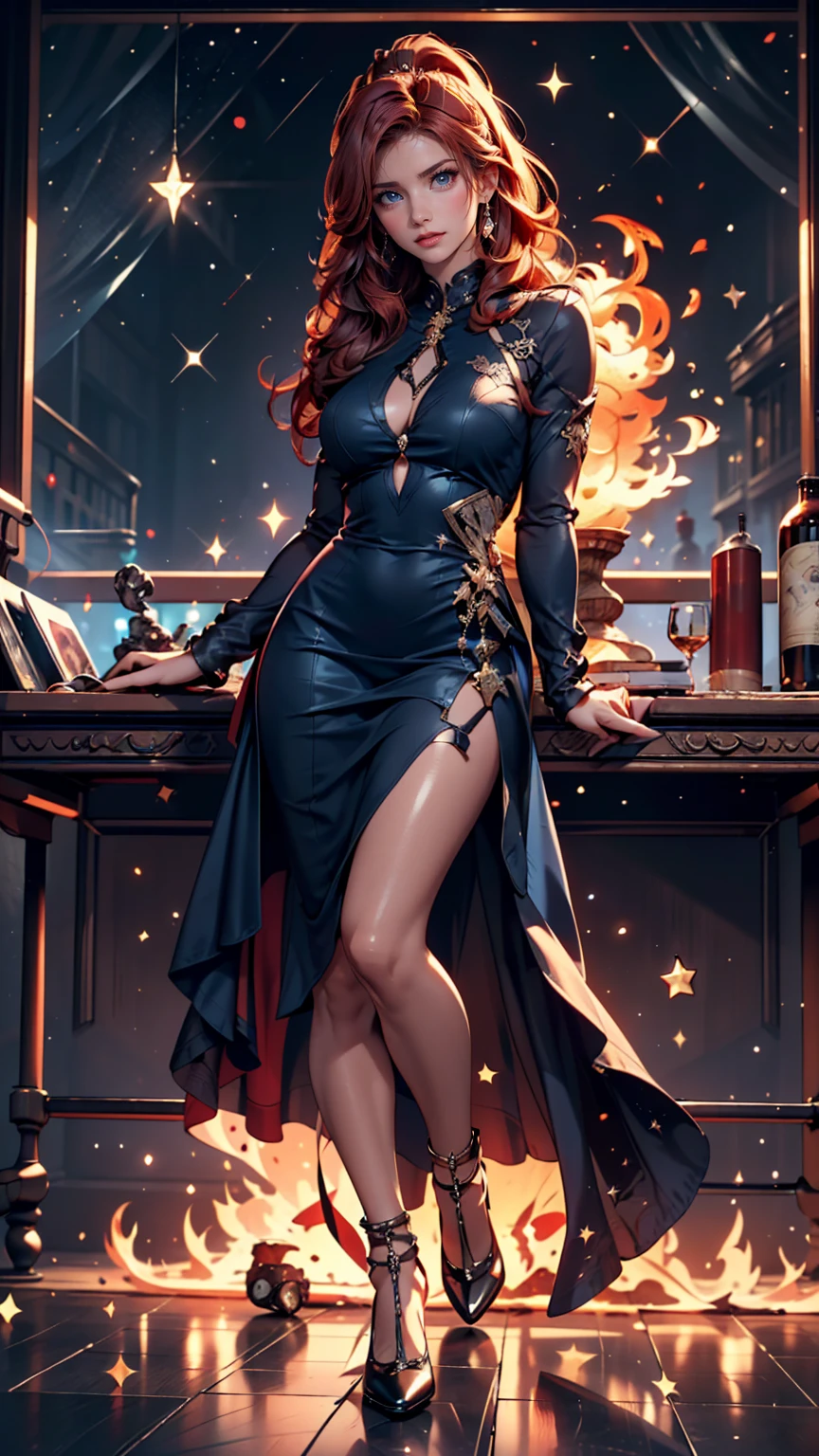 a sorceress casting a FireMagicAI spell in magical library exquisite beautiful human woman ((full body shot: 1.5)), ((anatomically correct: 1.5)) (ultra detailed face: 1.2), dynamic skin complexion, dynamic hair style, dynamic hair color,  she is wearing a long dark dress, intricate dark dress, small cleavage, long white cloak, (high heeled boots: 1.3) fantasy magical laboratory, books, potions, and magical study items,  background,  vibrant, Ultra-high resolution, High Contrast, (masterpiece:1.5), highest quality, Best aesthetics), best details, best quality, highres, 16k, [ultra detailed], masterpiece, best quality, (extremely detailed) RAW, fantasy art, dnd art, fantasy art, realistic art,  (ultra details, Masterpiece, best quality), FireMagicAI, Cinematic Hollywood Film, Intense gaze