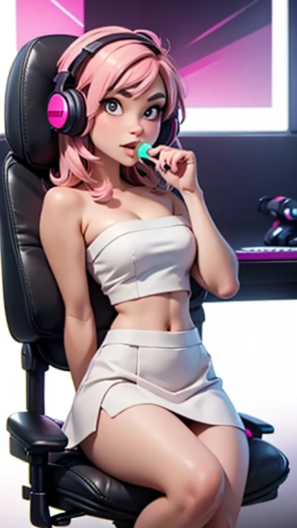 (best quality,4k,highres),ultra-detailed,physically-based rendering,(vivid colors:1.1),(playful expression:1.1),beautiful detailed eyes,beautiful detailed lips,cosplay costume,(dynamic pose:1.1),(dedication to gaming:1.1),energetic and action-packed atmosphere,(immersed in virtual world:1.1),(anime-style artwork:1.1),glowing digital effects,electric blue accents,brightly lit studio with soft lighting,artistic interpretation of video game elements,creative composition,cartoonish style,scenery with video game elements,headphones,console controller,keyboard,attractive background,sexy outfit. Cyberpunk, cute smile, pink blue, sexy lingerie, gaming room