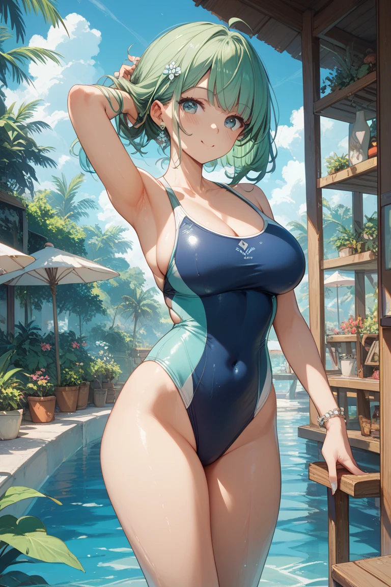 cowboy shot,1girl,solo,green hair,long hair,ponytails,(white competition swimsuit:1.5),(see through:1.3),cameltoe,(pubic hair:1.3),erect nipples,large breasts,cleavage,slender,standing,open mouth,smile,blush,spread armpit, arms behind head,wet,sweat,steam,masterpiece,Noise Reduction,perfect anatomy,high resolution, ultra-detailed, ultra-detailed face,game cg,dutch angle ,beautiful detailed eyes,sparkling pupils,visualart,five fingers, perfect hands, perfect lighting, 