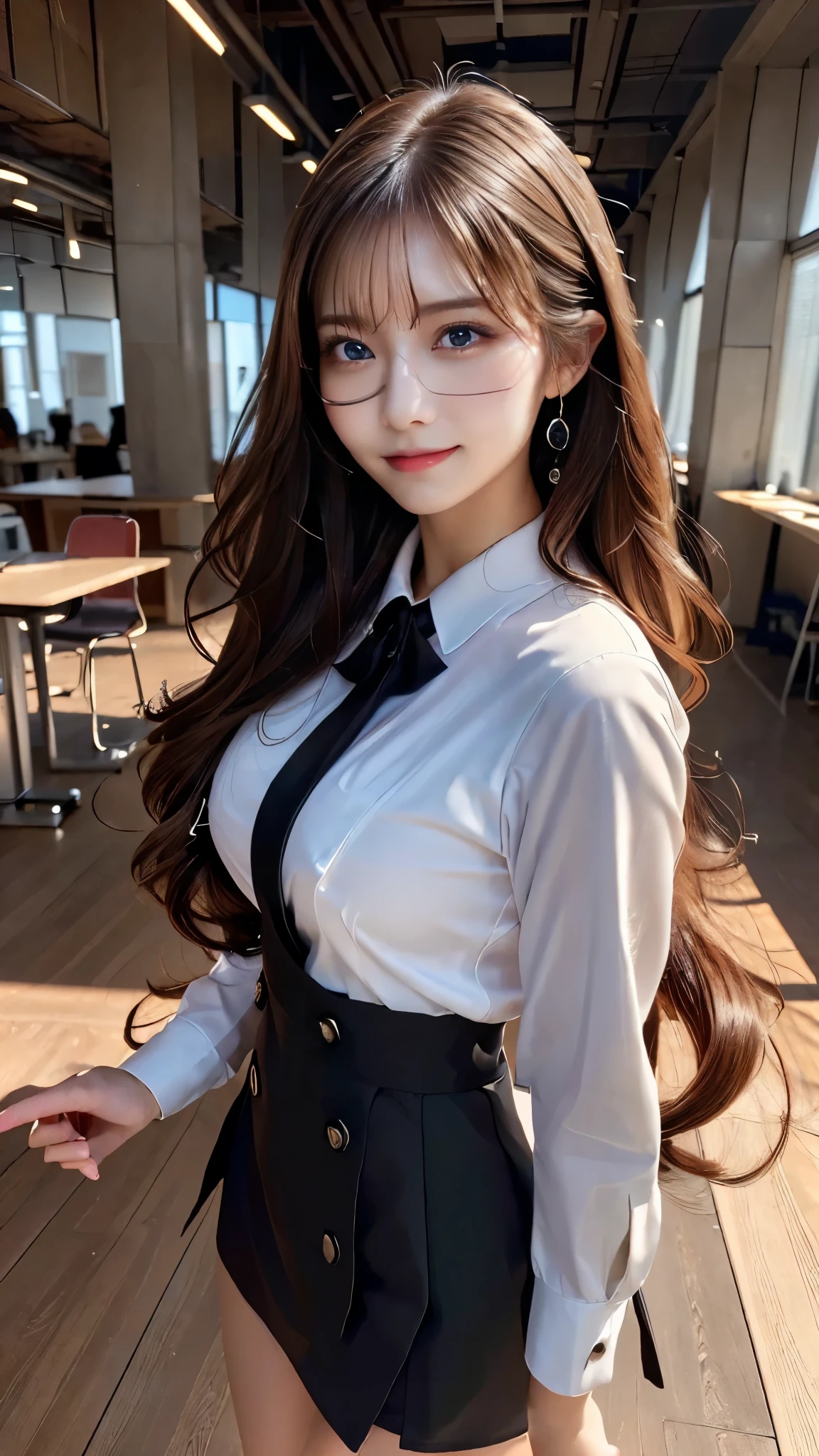 full body photo, A detailed face, Clear face, Beautiful Girl, (Looking here), cool beuty, perfection female form, perfection face, Glossy pink lips, Expressive eyes, eye shadow, eyeliner, light brown colored hair, ((ponytail:1.2)), ((silky long hair)), (Glasses:1.3), ((very thin waist)), ((Big breasts about to burst:1.3)), Thigh, belly button, (Sexy look:1.4), ((Attractive eyes)), ((sharp eyes)), ((slim body)), ((High-precision shades)), ((Attractive colors)), (((light green three-piece suit with a red tie))), (((Men's suit ))), masterpiece, anatomically correct, textured skin, high details, high quality loidforger,