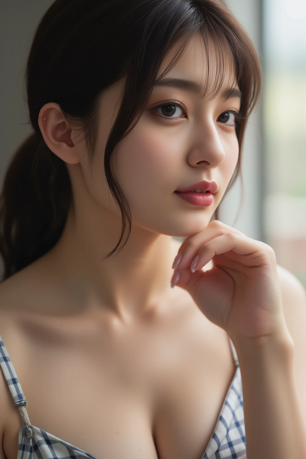 Best Quality, Masterpiece, Ultra High Resolution, (Realistic: 1.4), Original Photo, Wallpaper, Head Photo, Skin, Simple Background, Black Eyes, Detail, Selfie, 1 Girl, 18 Years Old, Breeze, Sunshine, Classroom, Question,