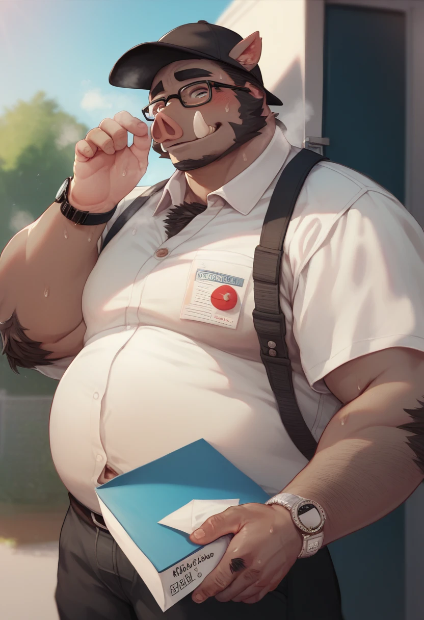 (by dramamine, by haps), mature male, eye scar, old chubby touro, (Brown fur:1.2),middle-age,((black short hair)),((facial beard)),(hi res, best quality, high quality, detailed, shaded, shading, masterpiece:1.2), detailed eyes, detailed clothing, smirk, seductive smile, hairy chest, glasses,inside office,(blue pattern boxers:1.4), (white Open shirt:1.5), (necktie removed),(black socks:1.2). Capa de revista, destaque de revista.