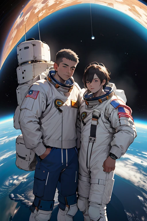 Backpack Boy, Libido boy, Brown messy hair, Astronauts costume, Brown Planet, Friendly alien gray with white, human - shaped, In the sky, only space and rocket stars stop in the background, anime big breast, Super ultra-realistic.