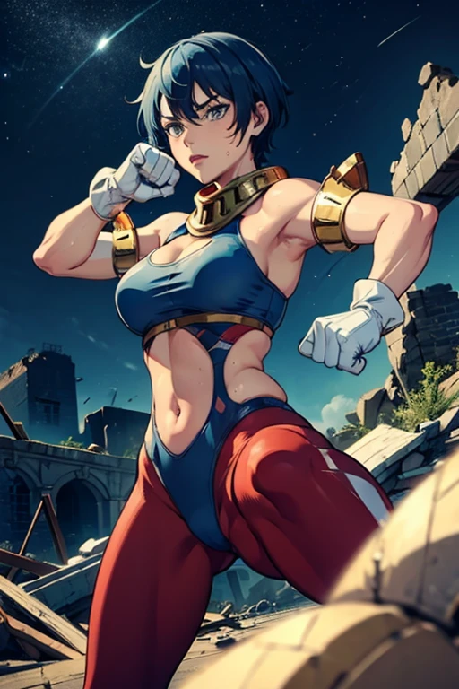 (best quality,masterpiece,ultra highres,cel anime,8k:1.2),(1man:1.5),1mature woman in(short blue haired,30years old), BREAK (in the ruins:1.5),(dark night:1.2),(abs:0.8), BREAK (blue leotard in red line:1.3), BREAK (red yoga pants:1.4), BREAK (white gloves:1.4), BREAK (navel cutout:1.5),(sweat:1.2),(sholder bare), BREAK (selious, scowl:1.2),(motion blur),(fighting stance:1.3),(punching,rushpunch:1.4),