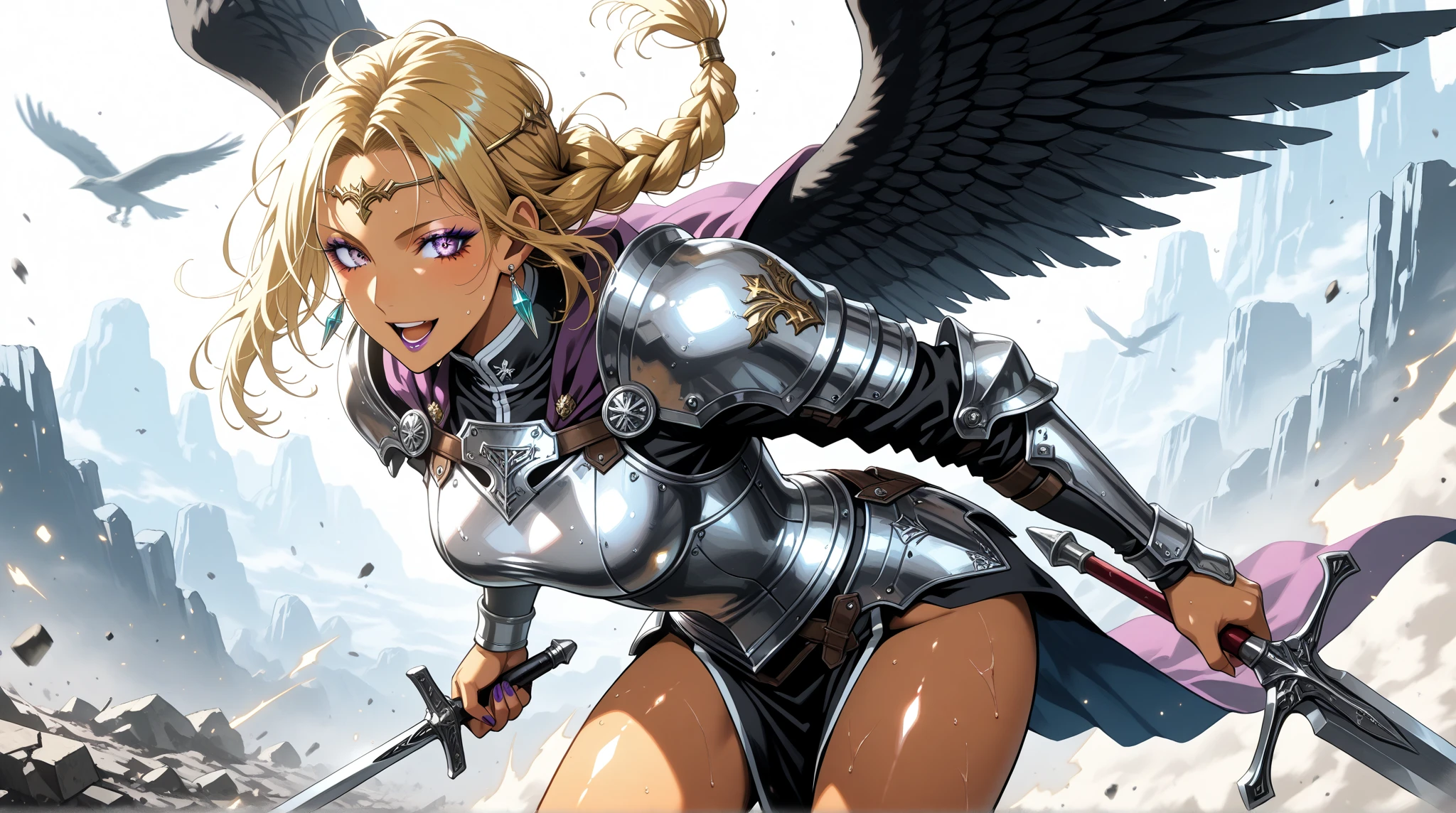 (Comic book cover art: 1.5), an female archangel prepared for battle, an extremally beautiful warrior angel, ultra feminine, long hair, blond hair, braided hair, wearing divine heavy armor, (white armor: 1.2), (angel wings: 1.2) spread, aremed with fantasysword sword, sword covered with blue fire, 16k, RAW, ultra wide shot, photorealism, depth of field, hyper realistic, 2.5 rendering, comic cover